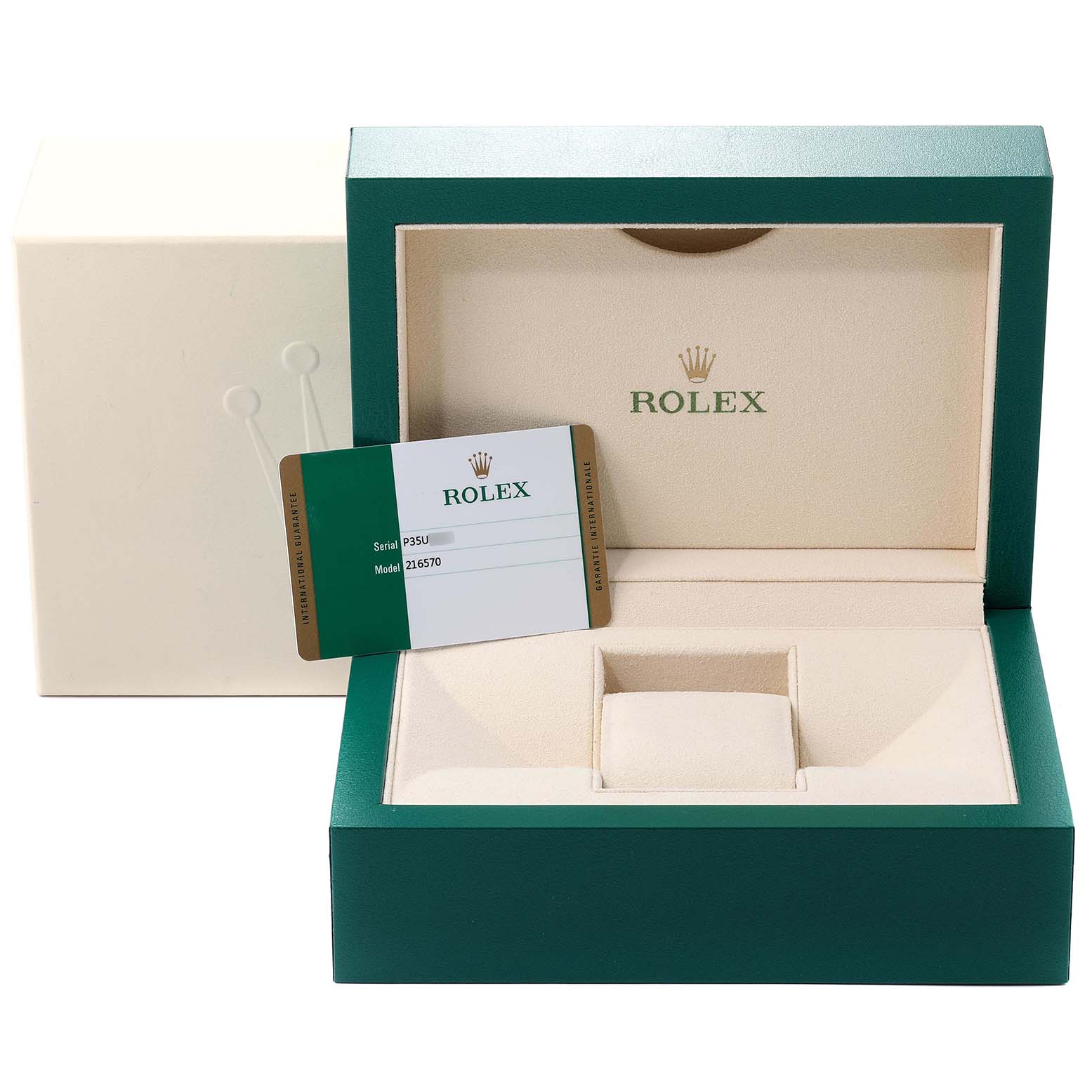 The image shows an open Rolex Explorer 216570 Men
s Stainless Steel Black Dial 216570 Men
s Stainless Steel Black Dial watch box, its exterior box, and the guarantee card beside it.