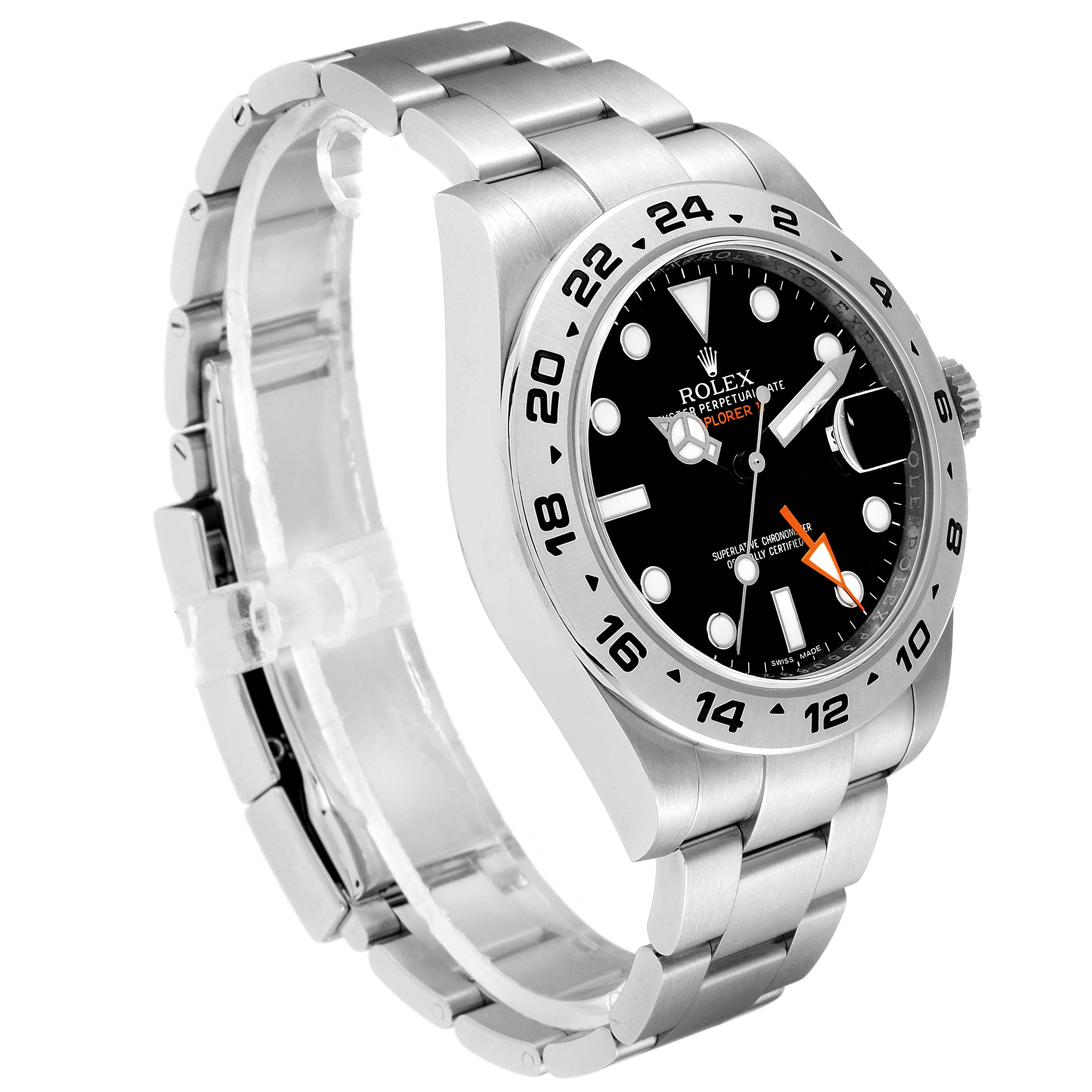 The image shows a side view angle of a Rolex Explorer 216570 Men
s Stainless Steel Black Dial 216570 Men
s Stainless Steel Black Dial watch, displaying the band, dial, and bezel.