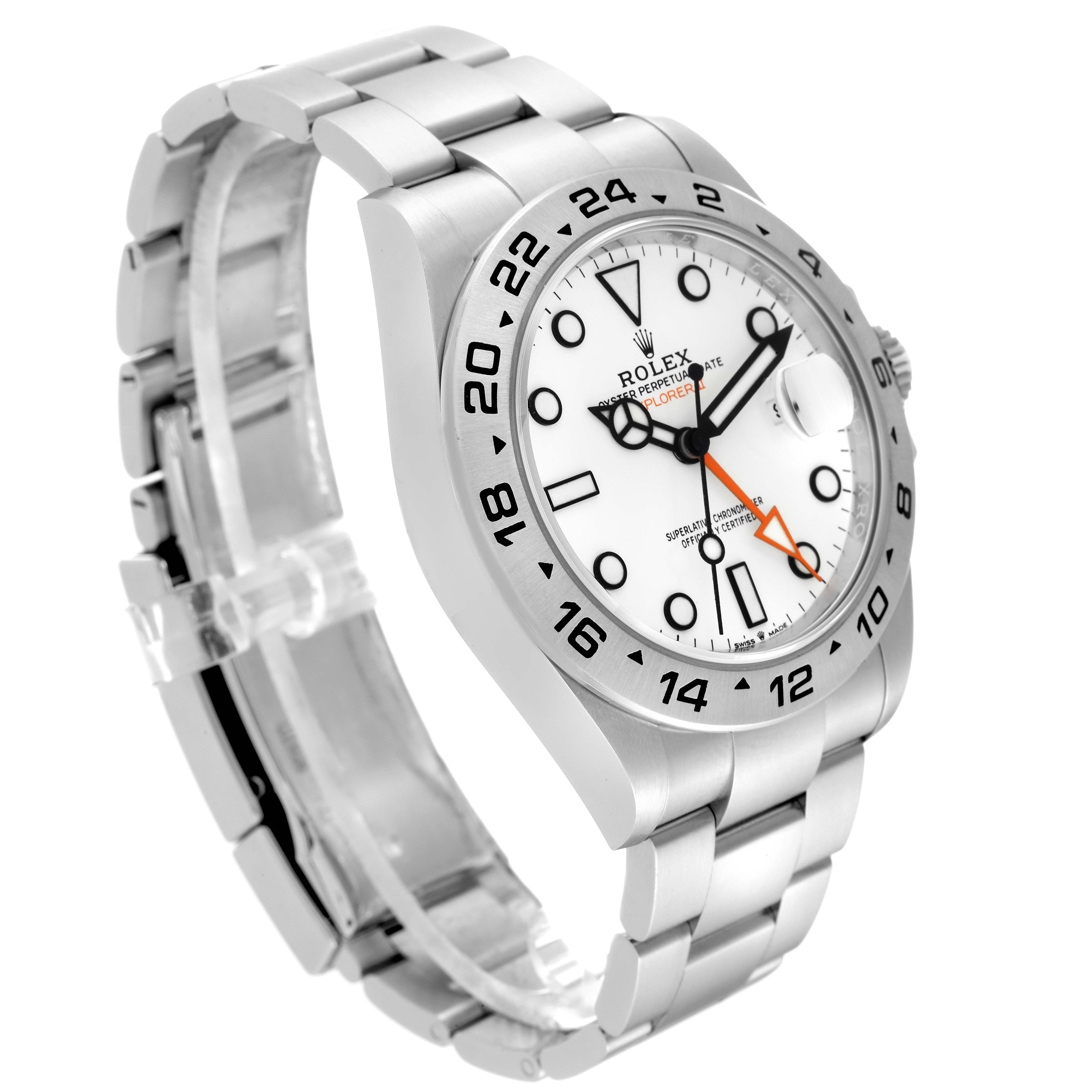 The image shows a side angle view of the Rolex Explorer 226570 Men's Stainless Steel White Dial 226570 Men's Stainless Steel White Dial watch, highlighting the dial, bezel, and bracelet.