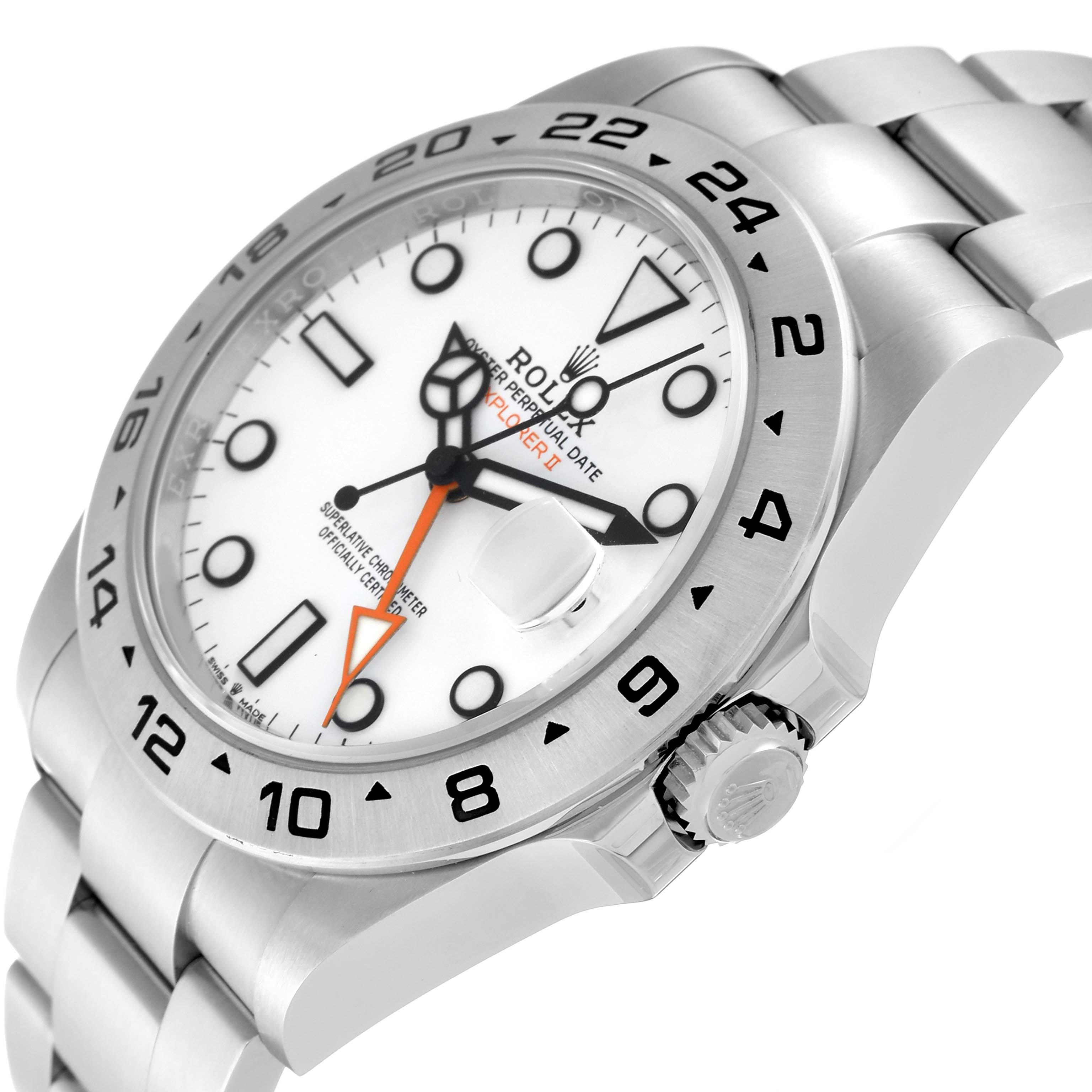 This image showcases a Rolex Explorer 226570 Men's Stainless Steel White Dial 226570 Men's Stainless Steel White Dial model watch, featuring its dial, bezel, and part of the bracelet at a side angle.