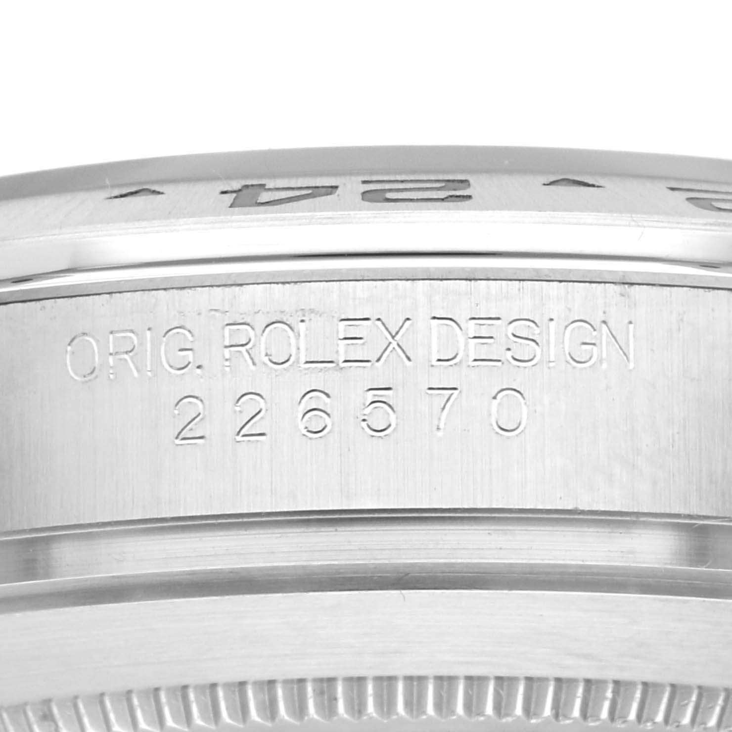 This close-up image shows the side engraving on the casing of a Rolex Explorer 226570 Men's Stainless Steel White Dial 226570 Men's Stainless Steel White Dial model watch.