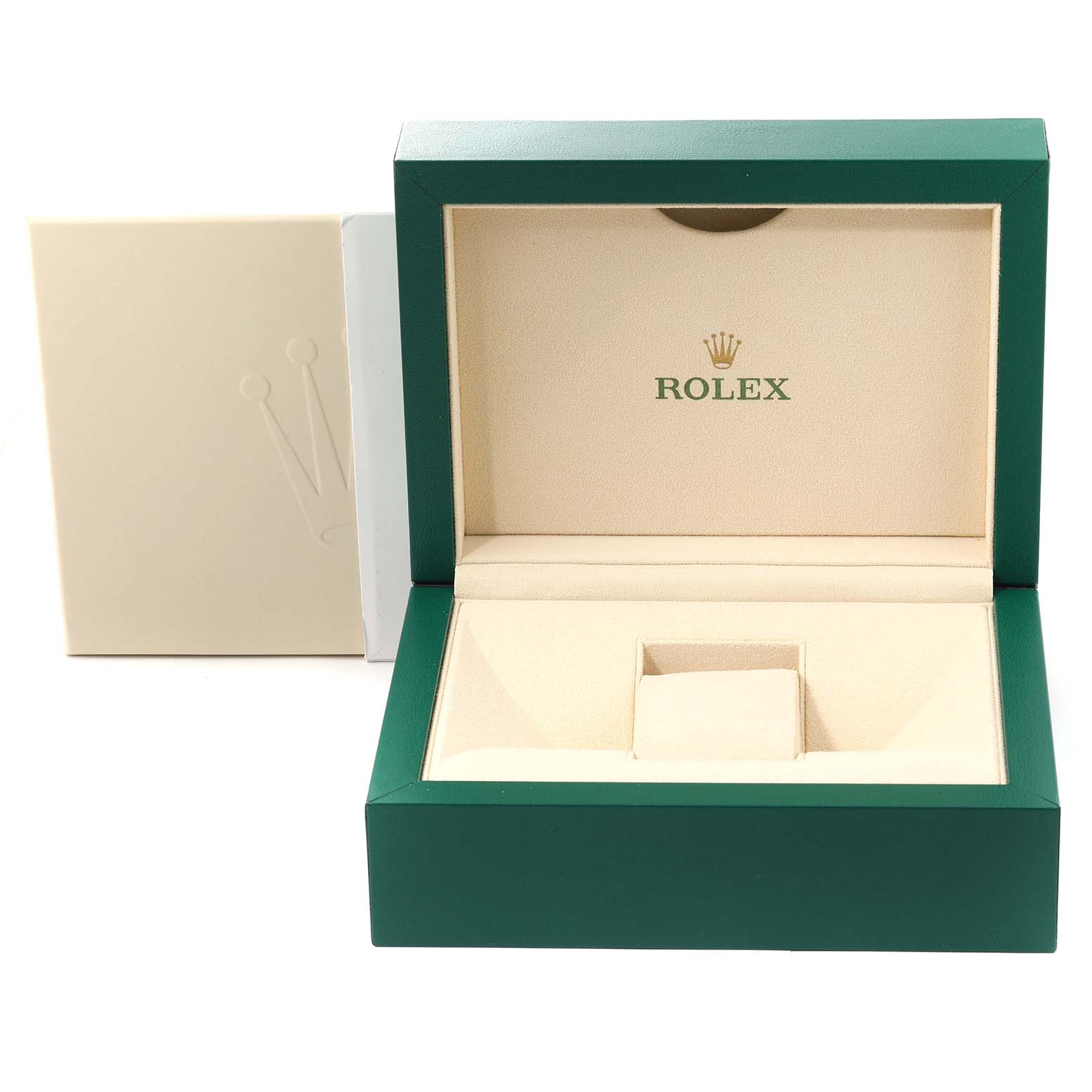 This image shows a Rolex Explorer 226570 Men's Stainless Steel White Dial 226570 Men's Stainless Steel White Dial model watch box, open at an angle that reveals the interior and exterior.