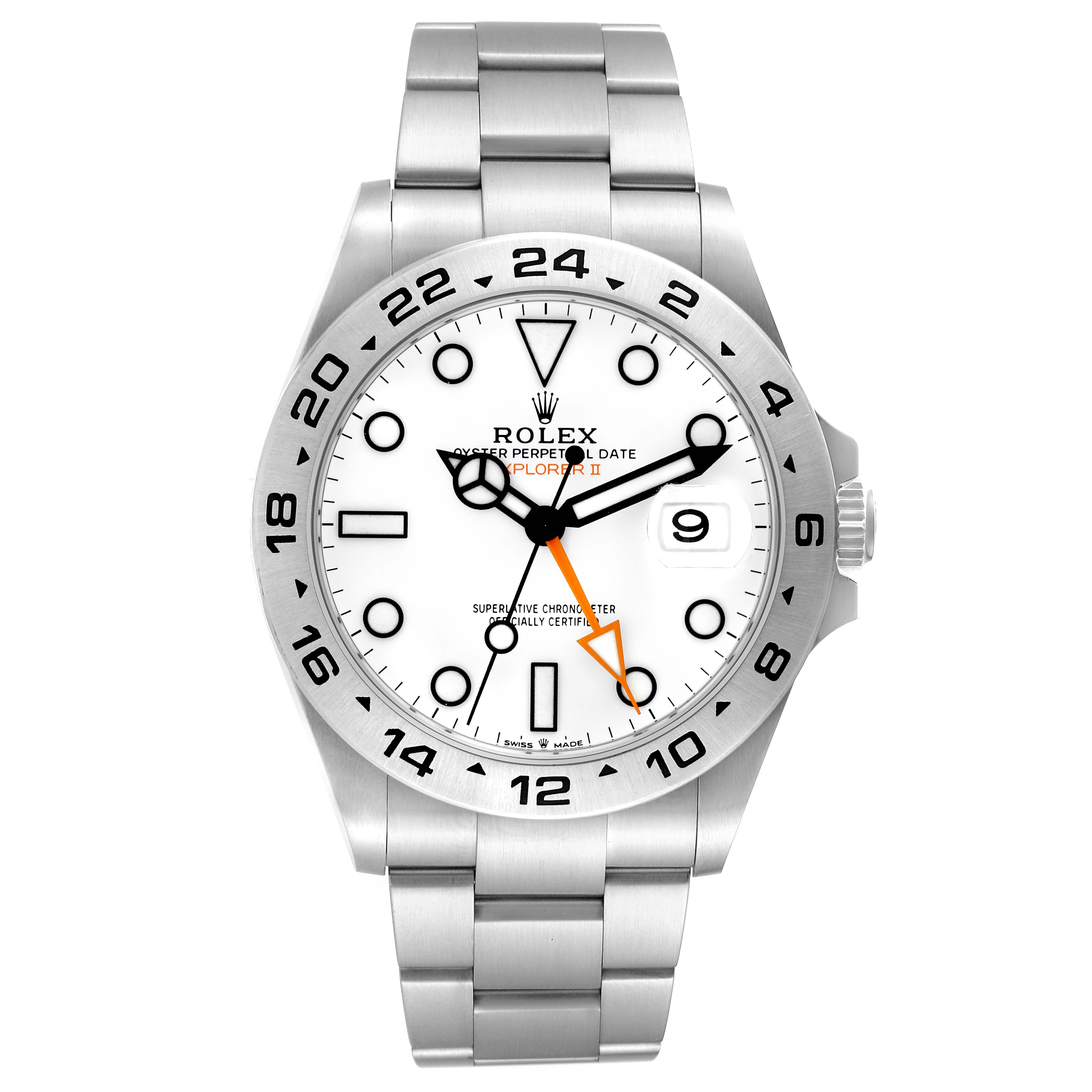 The image shows a front view of the Rolex Explorer 226570 Men's Stainless Steel White Dial 226570 Men's Stainless Steel White Dial watch, displaying its dial, hands, date window, and stainless steel bracelet.