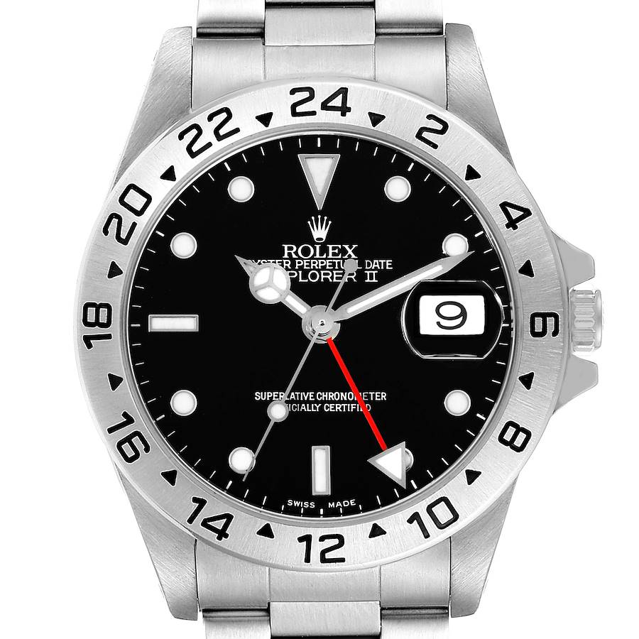 The image shows a front view of the Rolex Explorer II watch, displaying the black dial, date window, and stainless steel bracelet.