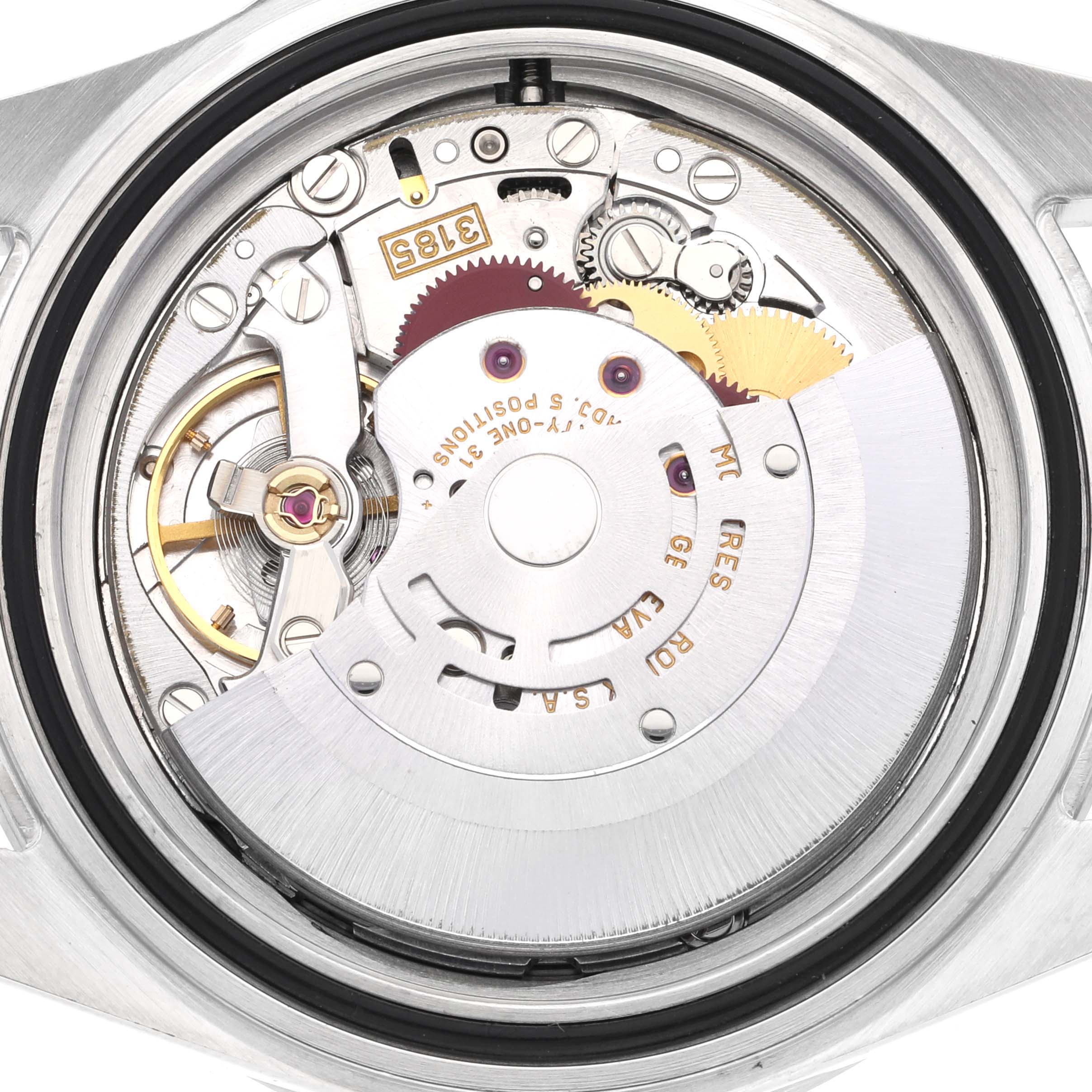 The image shows the movement and internal mechanisms of the Rolex Explorer 16570 Men
s Stainless Steel Black Dial 16570 Men
s Stainless Steel Black Dial watch with its back case removed.