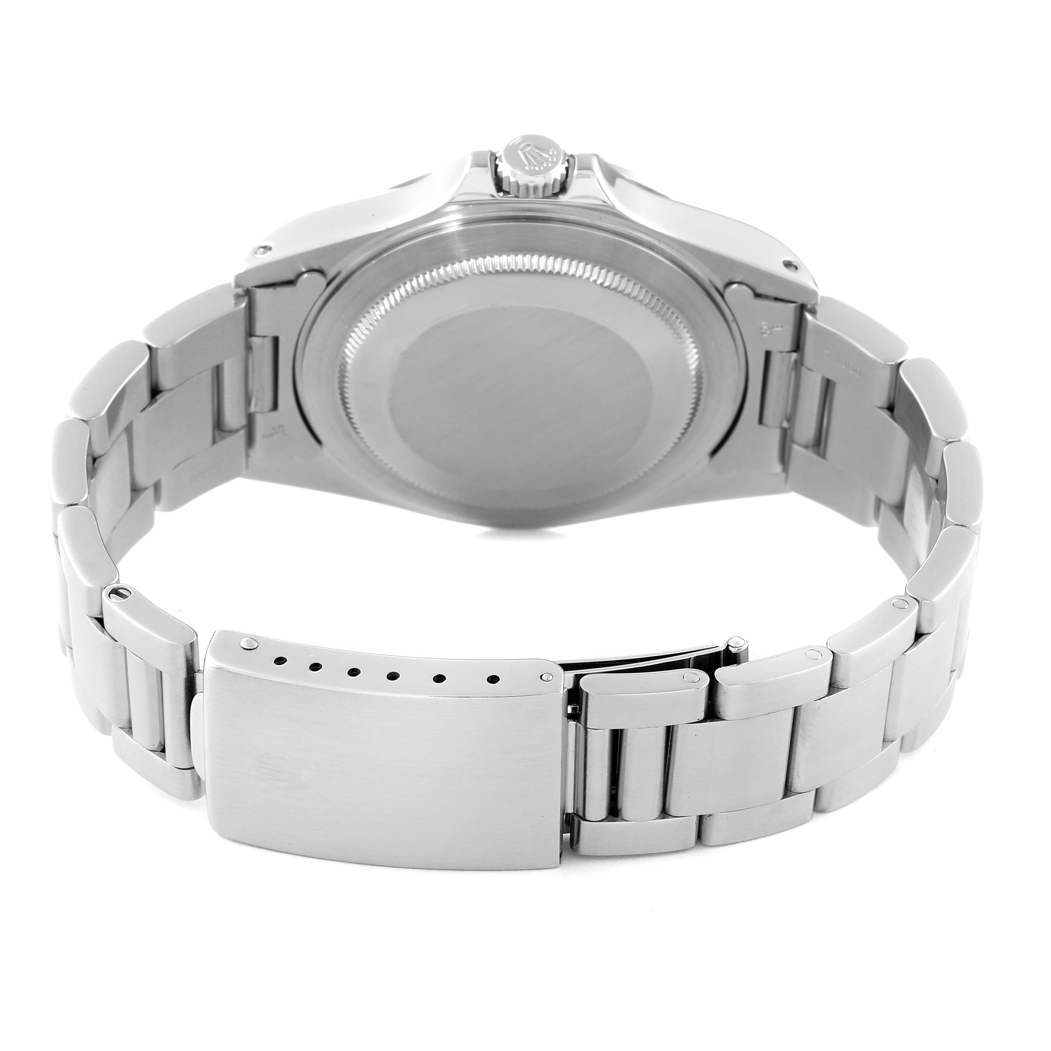 This image shows the back view of a Rolex Explorer 16570 Men
s Stainless Steel Black Dial 16570 Men
s Stainless Steel Black Dial watch, highlighting the case back, crown, and the clasp of the bracelet.