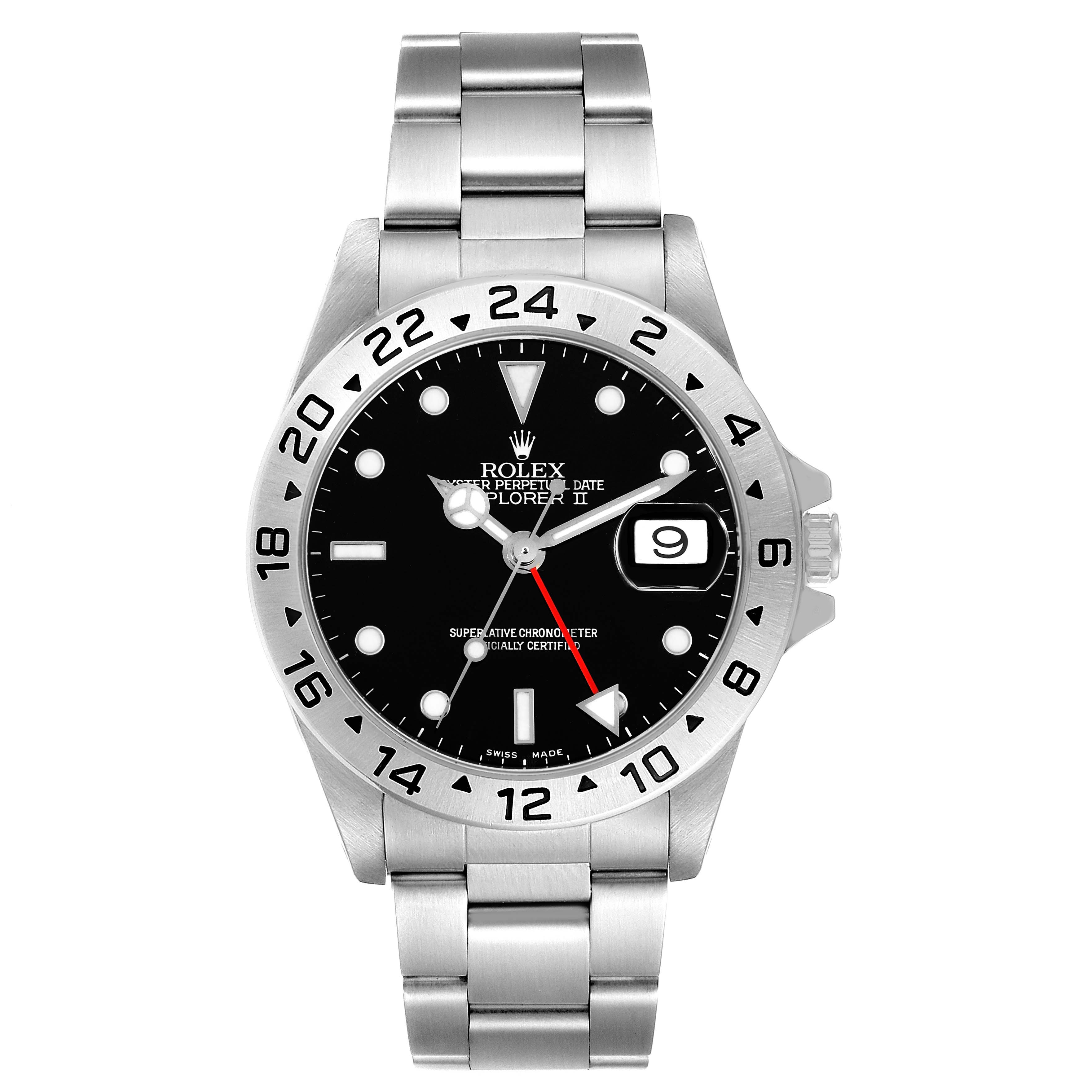 This is a front view of the Rolex Explorer 16570 Men
s Stainless Steel Black Dial 16570 Men
s Stainless Steel Black Dial watch displaying the face, bezel, bracelet, and crown.