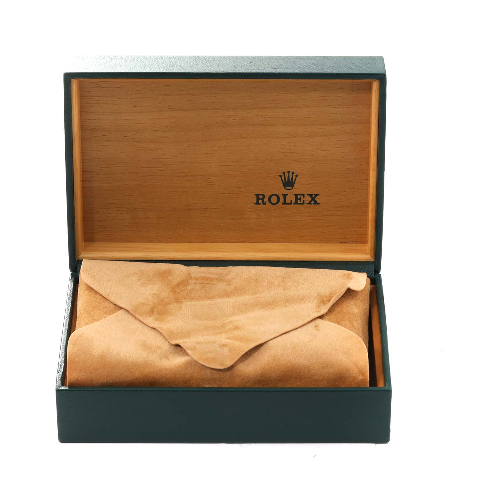 This image shows the inner box with a suede cover for the Rolex Explorer 16570 Men
s Stainless Steel Black Dial 16570 Men
s Stainless Steel Black Dial watch.