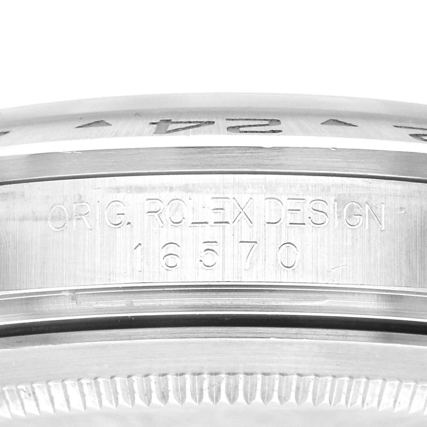 This close-up image shows the side case of the Rolex Explorer 16570 Men
s Stainless Steel Black Dial 16570 Men
s Stainless Steel Black Dial watch with Reference No. 16570 and engraving details.