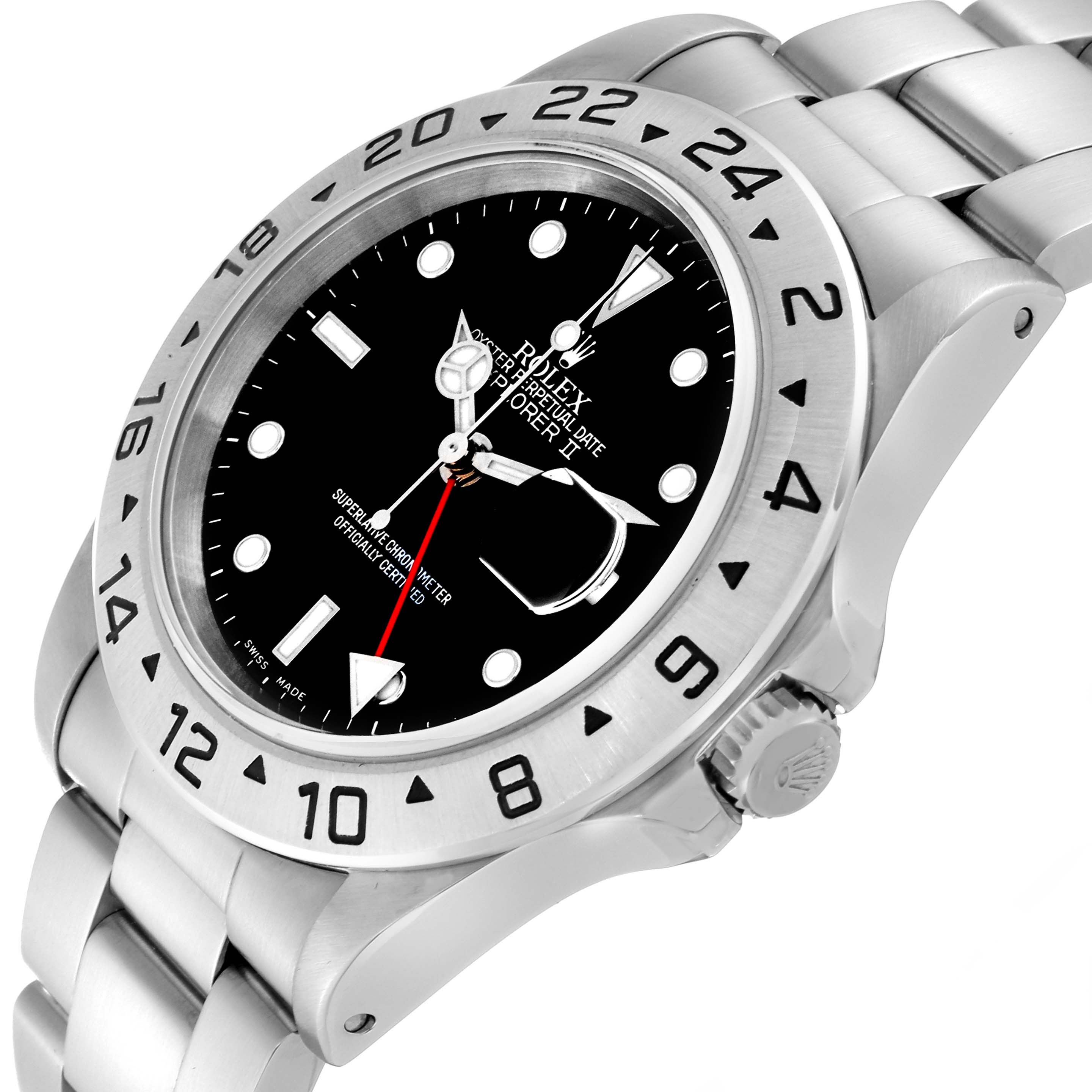 The image shows a Rolex Explorer 16570 Men
s Stainless Steel Black Dial 16570 Men
s Stainless Steel Black Dial model watch at an angled view, highlighting the face, bezel, crown, and part of the bracelet.