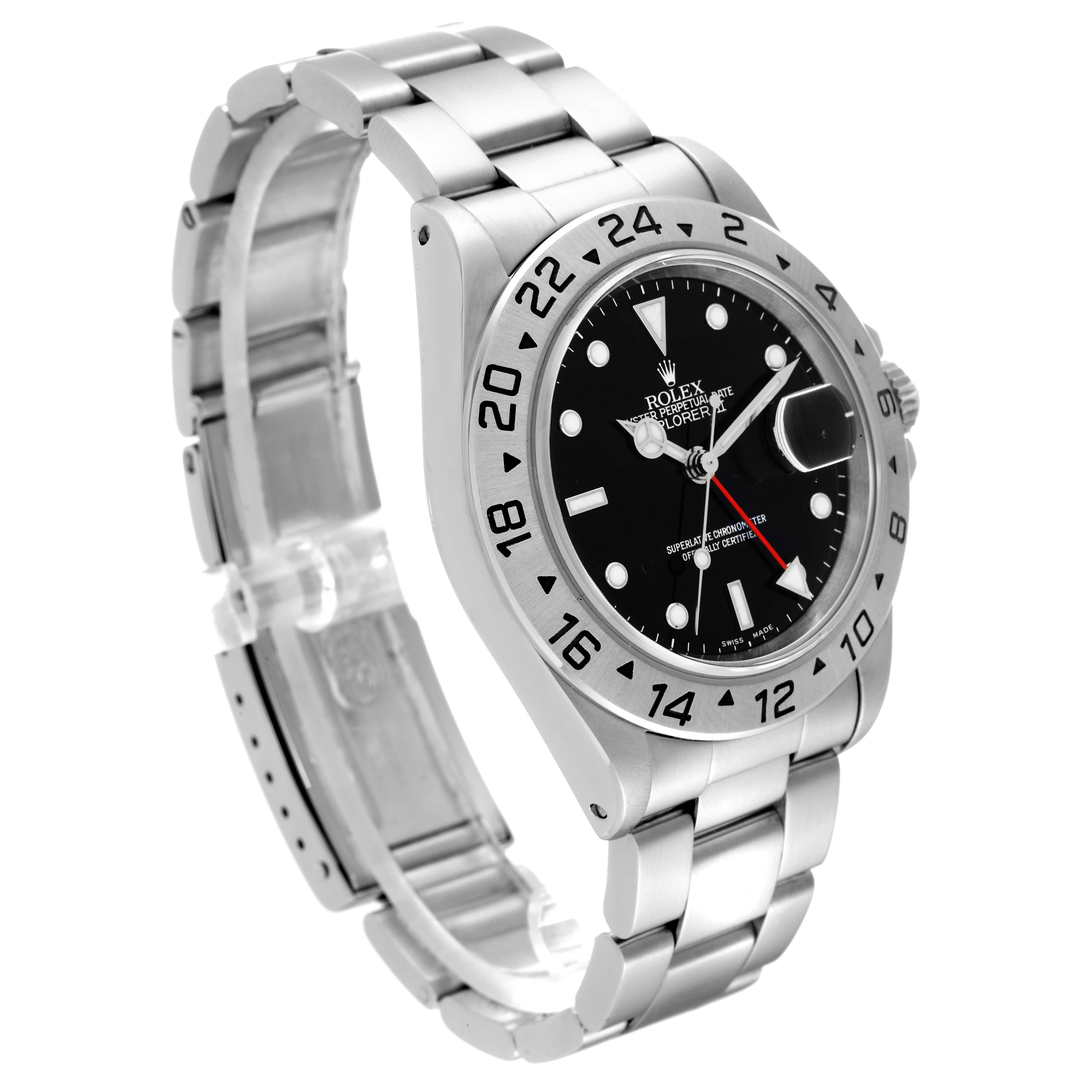The Rolex Explorer 16570 Men
s Stainless Steel Black Dial 16570 Men
s Stainless Steel Black Dial watch is shown at an oblique angle, highlighting the dial, bezel, and stainless steel bracelet.