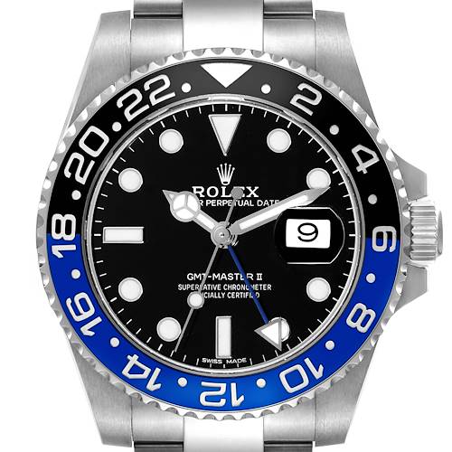 The Rolex GMT-Master II watch is shown from the front, highlighting its dial, bezel, hands, and date window at 3 o'clock.