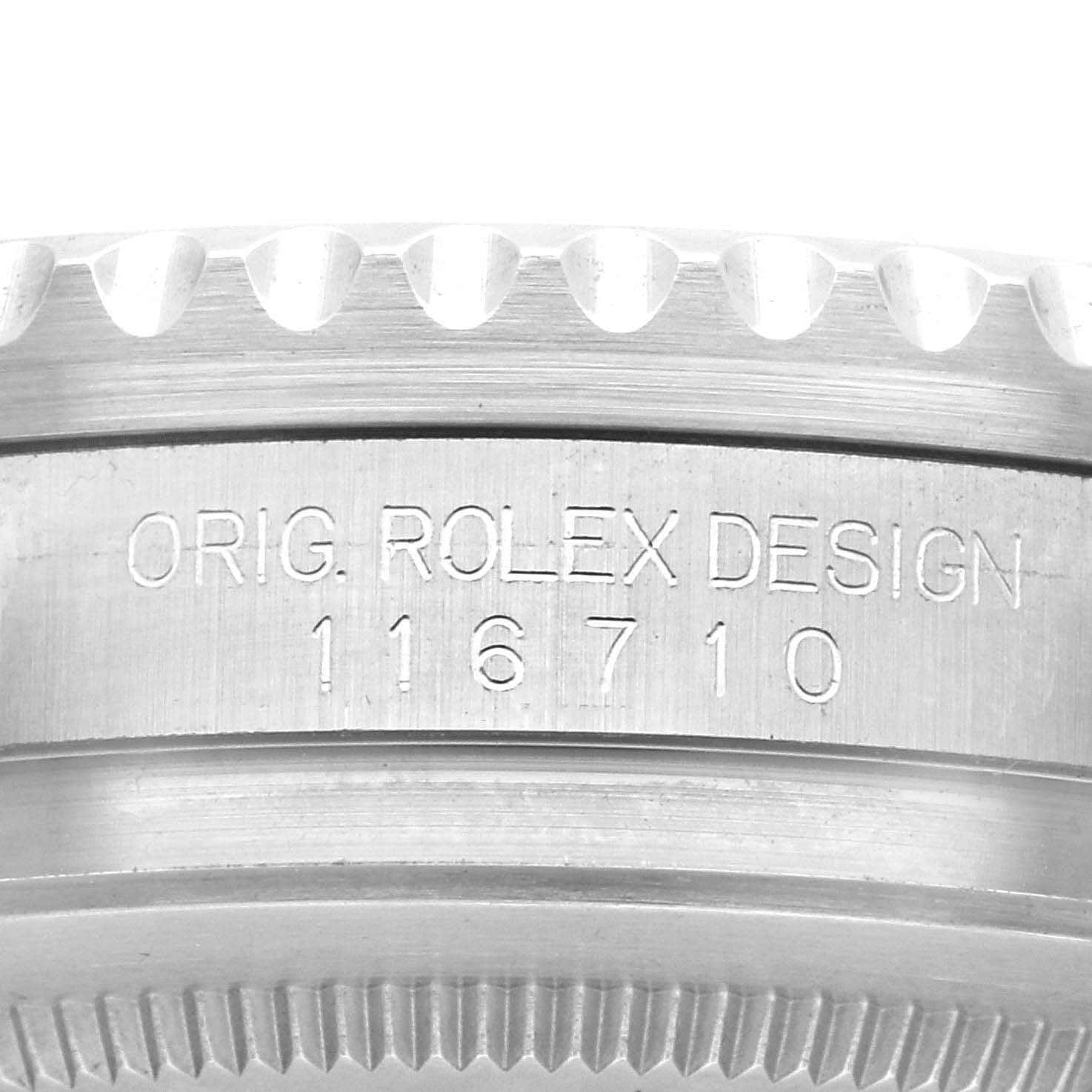 The image shows the side view of the bezel and case of a Rolex GMT-Master 116710BLNR Men
s Stainless Steel Black Dial 116710BLNR Men
s Stainless Steel Black Dial watch, displaying the model number "116710."