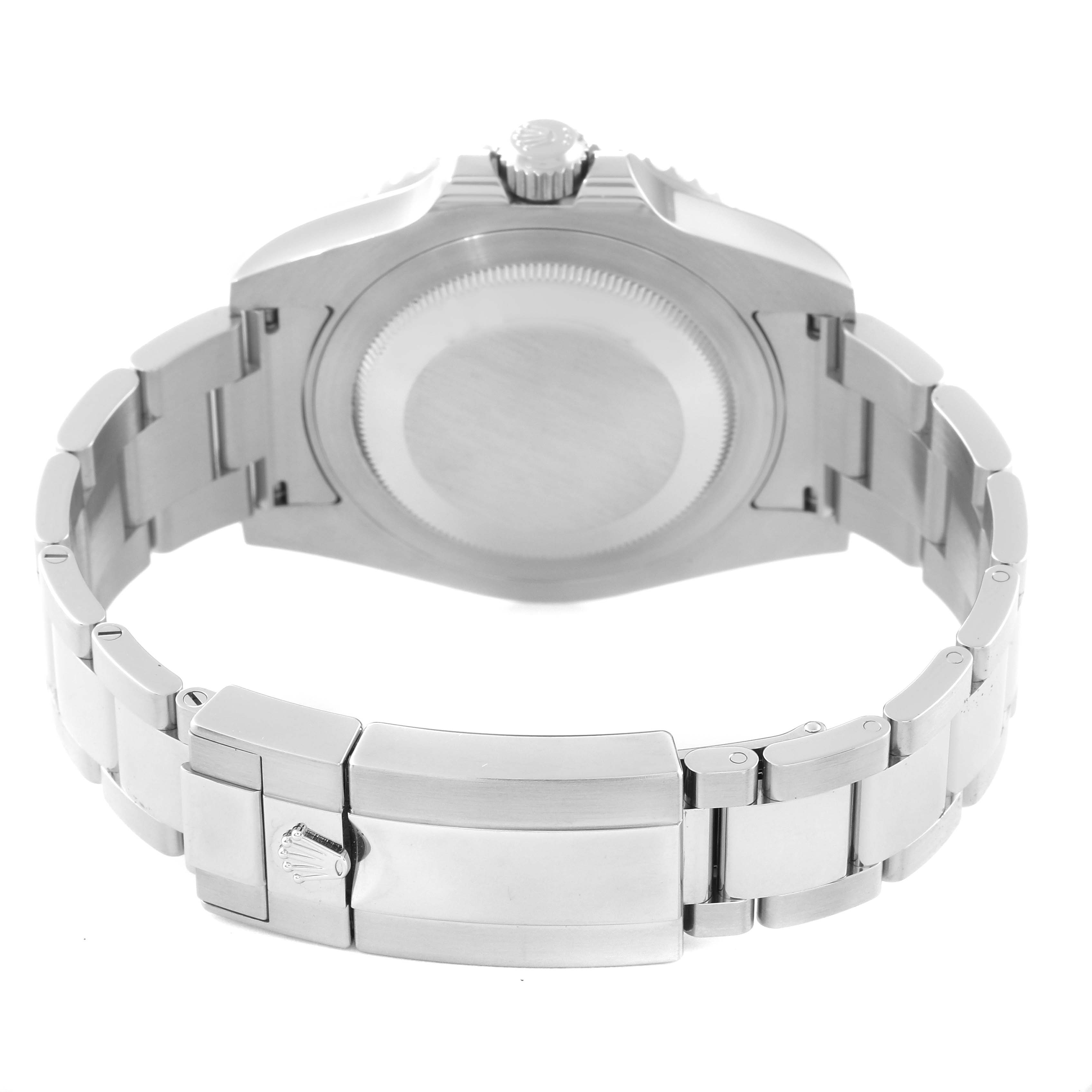 The image shows the back view of the Rolex GMT-Master 116710BLNR Men
s Stainless Steel Black Dial 116710BLNR Men
s Stainless Steel Black Dial watch, focusing on its case back and metal bracelet.