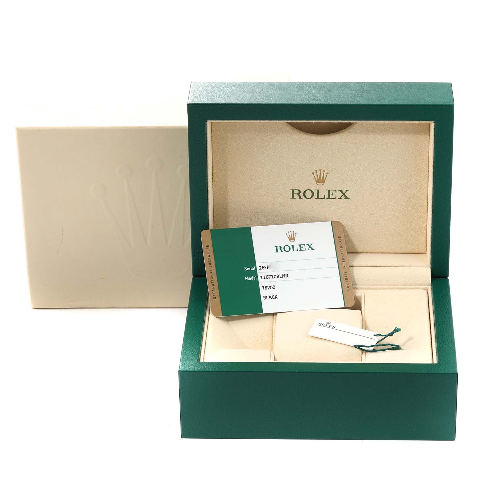 The image shows the open packaging box and tags for a Rolex GMT-Master 116710BLNR Men
s Stainless Steel Black Dial 116710BLNR Men
s Stainless Steel Black Dial watch, with the model card displayed prominently.