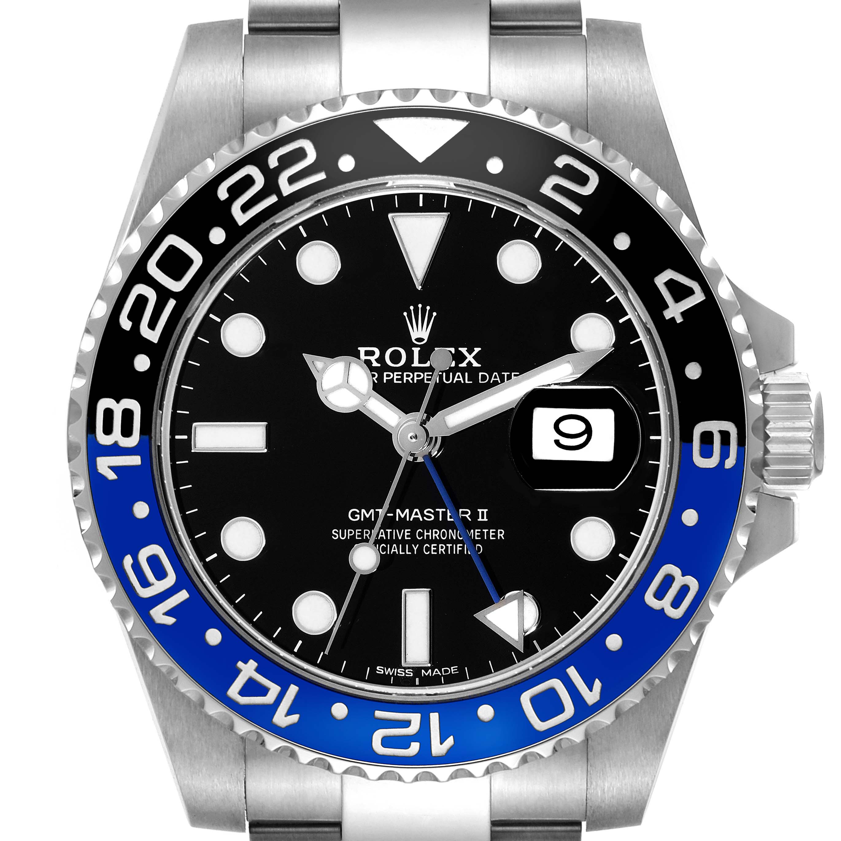 This Rolex GMT-Master 116710BLNR Men
s Stainless Steel Black Dial 116710BLNR Men
s Stainless Steel Black Dial II watch is shown from a top-down angle, highlighting the bezel, dial, hands, and date window.