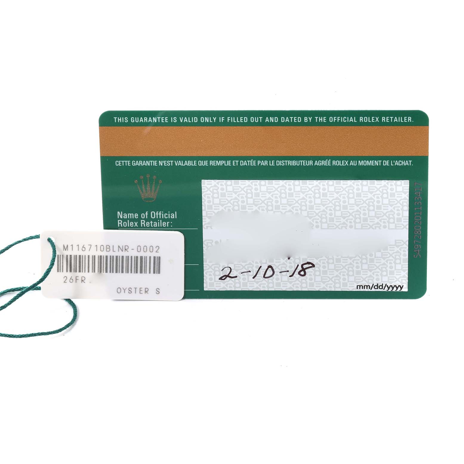 The image shows the warranty card and tag for a Rolex GMT-Master 116710BLNR Men
s Stainless Steel Black Dial 116710BLNR Men
s Stainless Steel Black Dial watch, showcasing the model number and purchase date.