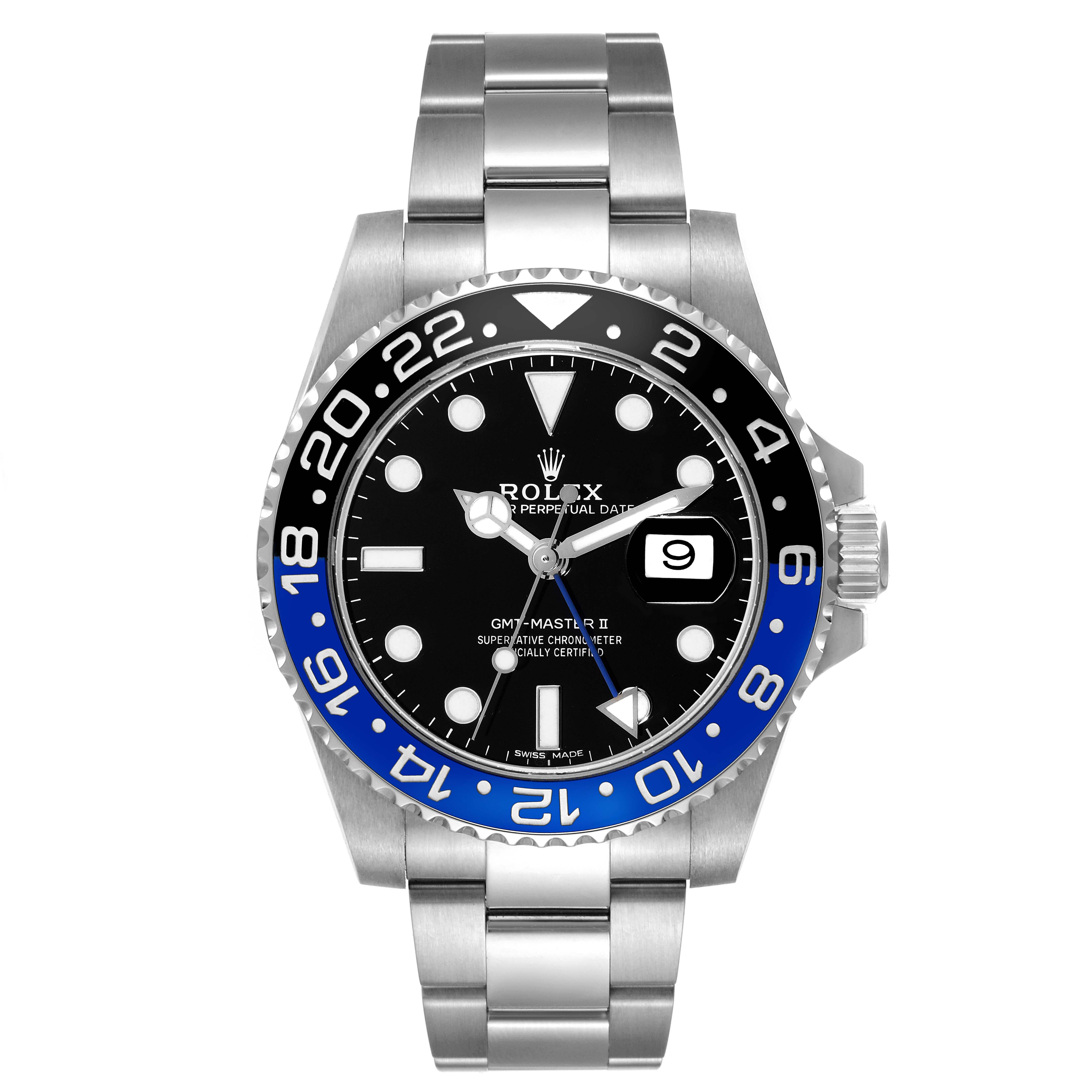 The image shows a front view of a Rolex GMT-Master 116710BLNR Men
s Stainless Steel Black Dial 116710BLNR Men
s Stainless Steel Black Dial II watch, featuring a black dial, blue-black bezel, and stainless steel bracelet.