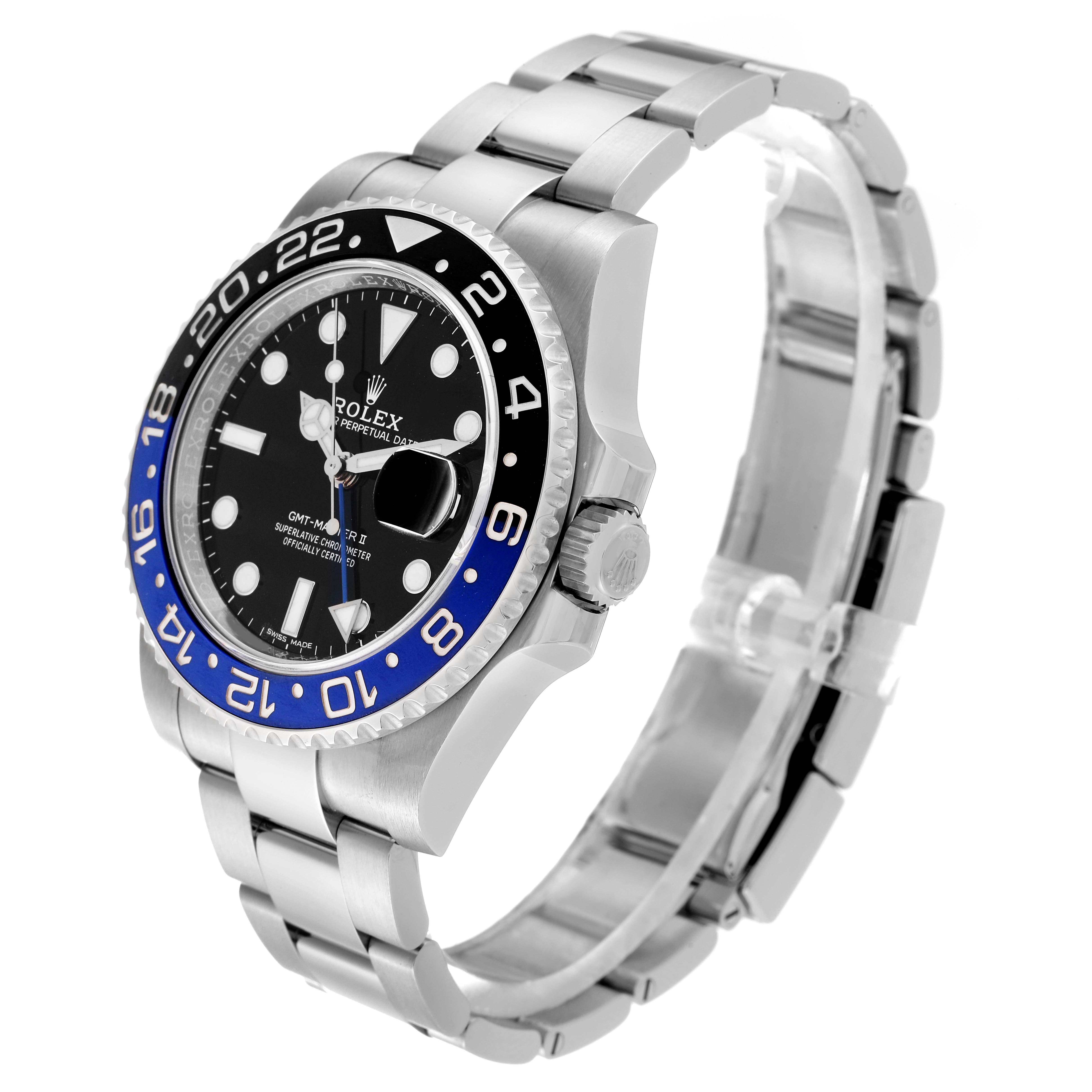 The GMT-Master Rolex watch is shown at a three-quarter angle, displaying the bezel, face, and stainless steel bracelet.
