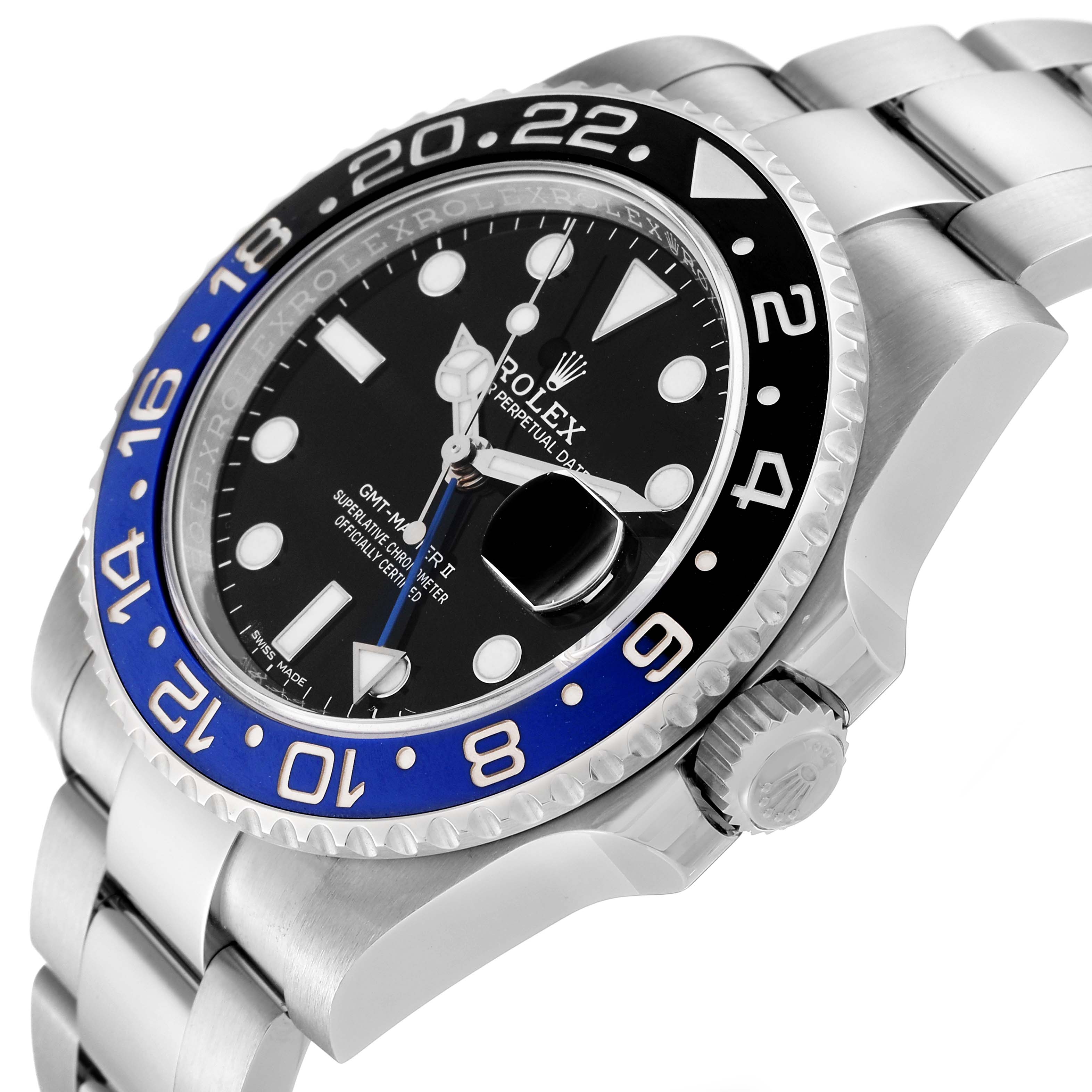 This image shows a close-up and side angle of the Rolex GMT-Master 116710BLNR Men
s Stainless Steel Black Dial 116710BLNR Men
s Stainless Steel Black Dial II watch, highlighting the bezel, dial, and bracelet.