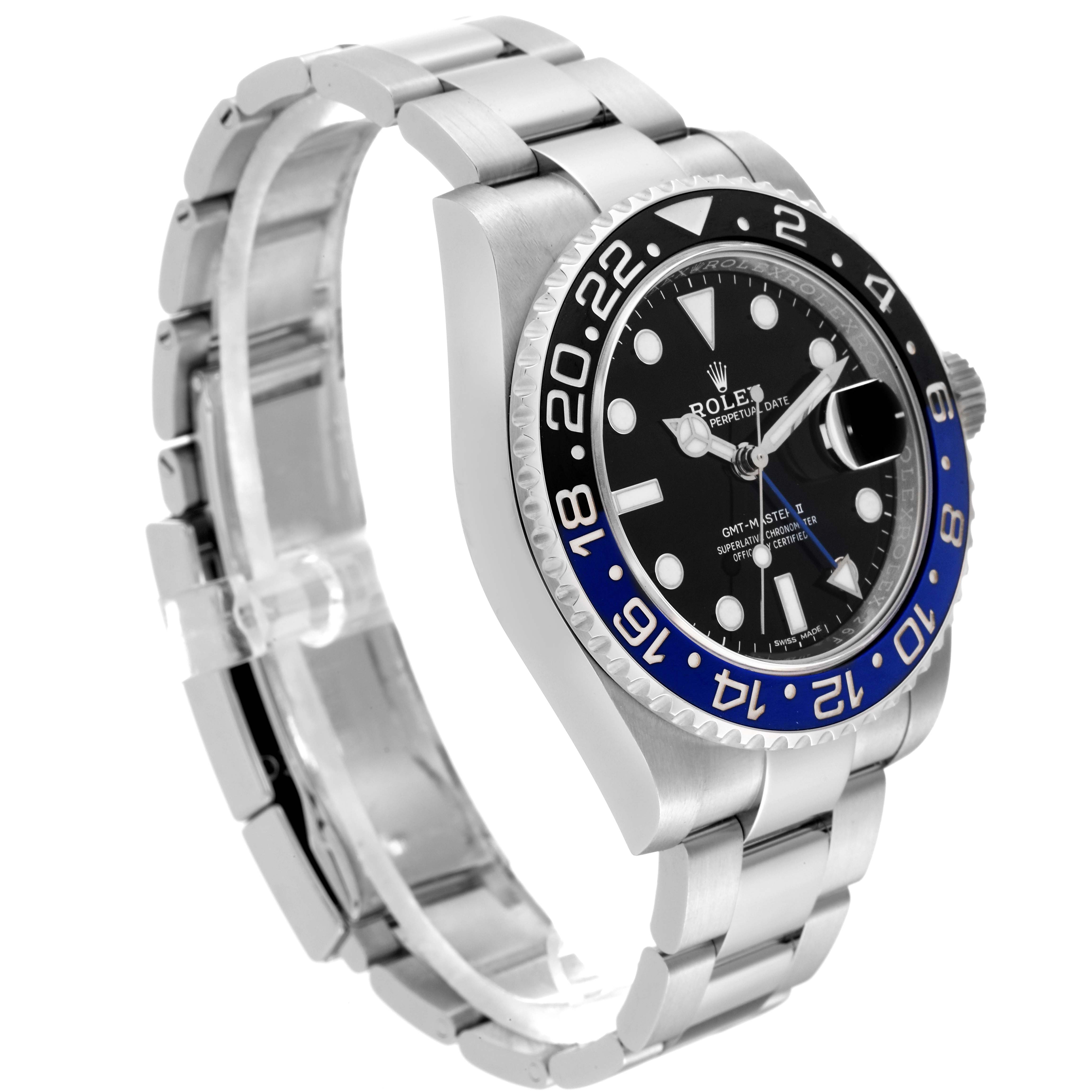 This photo shows a side angle of the Rolex GMT-Master 116710BLNR Men
s Stainless Steel Black Dial 116710BLNR Men
s Stainless Steel Black Dial watch, highlighting the bezel, crown, face, and bracelet.
