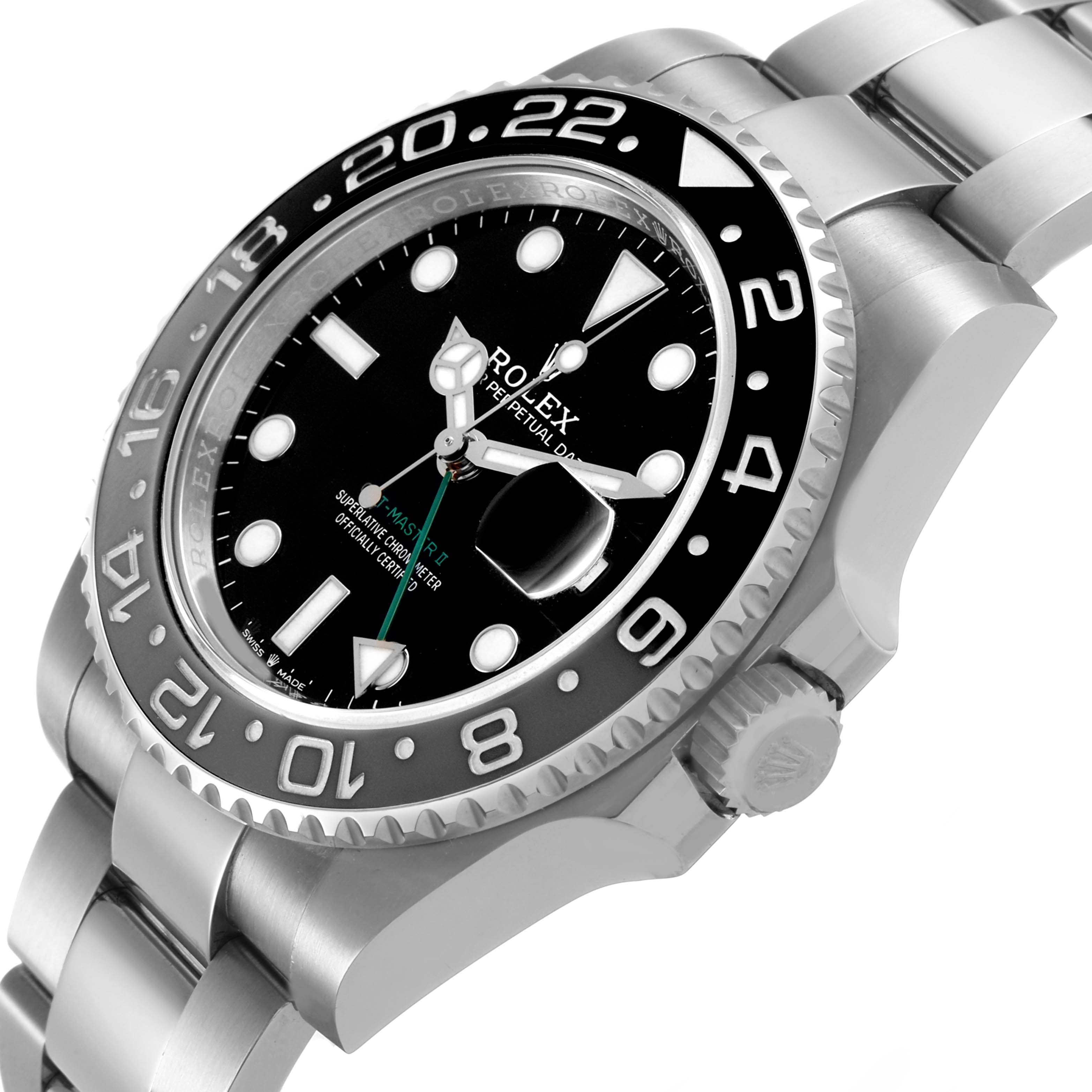 The Rolex GMT-Master 126710GRNR Men's Stainless Steel Black Dial watch is shown in a side angle, displaying the bezel, crown, and part of the bracelet.