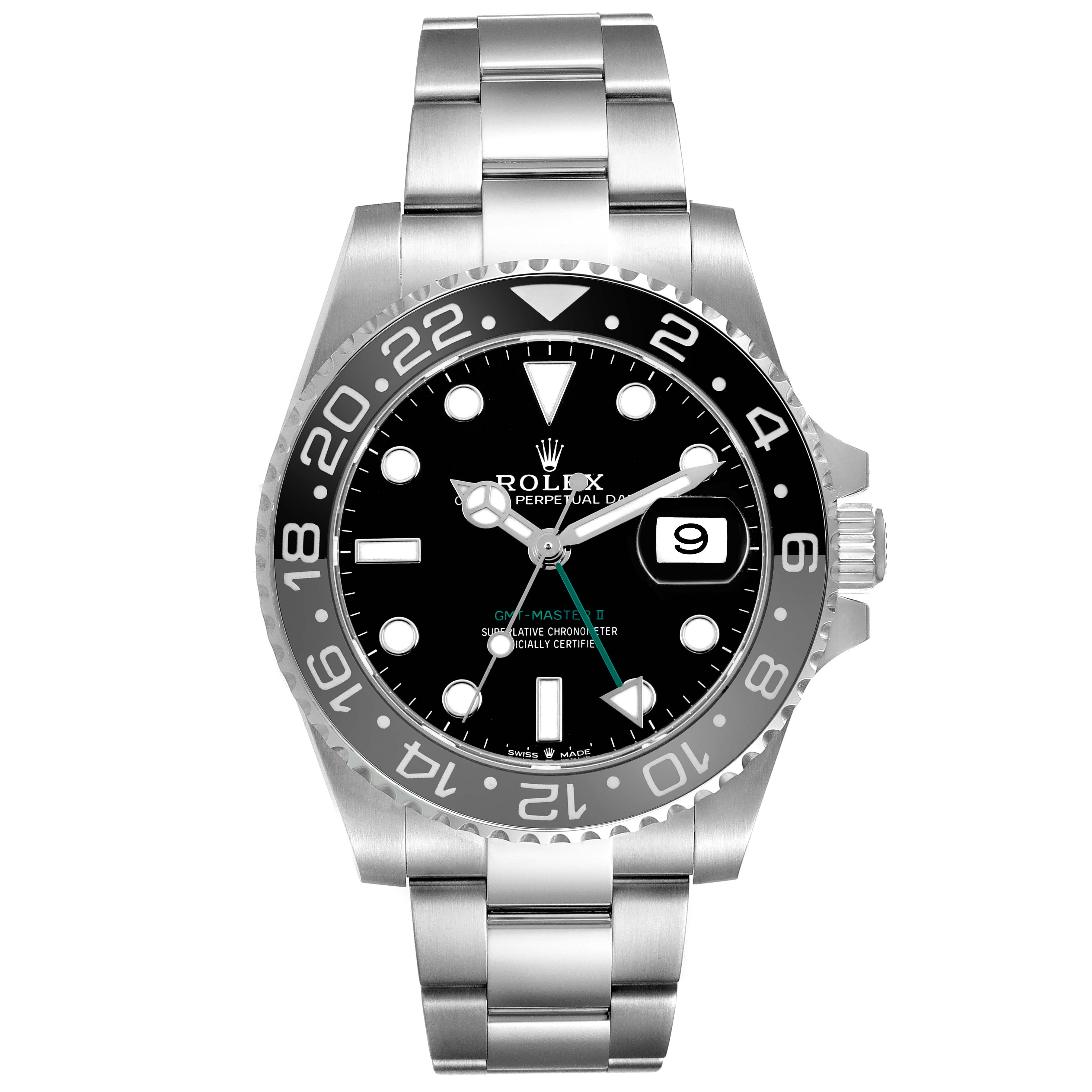 The Rolex GMT-Master 126710GRNR Men's Stainless Steel Black Dial model is shown from a straight-on angle, displaying its face, bezel, and silver bracelet.
