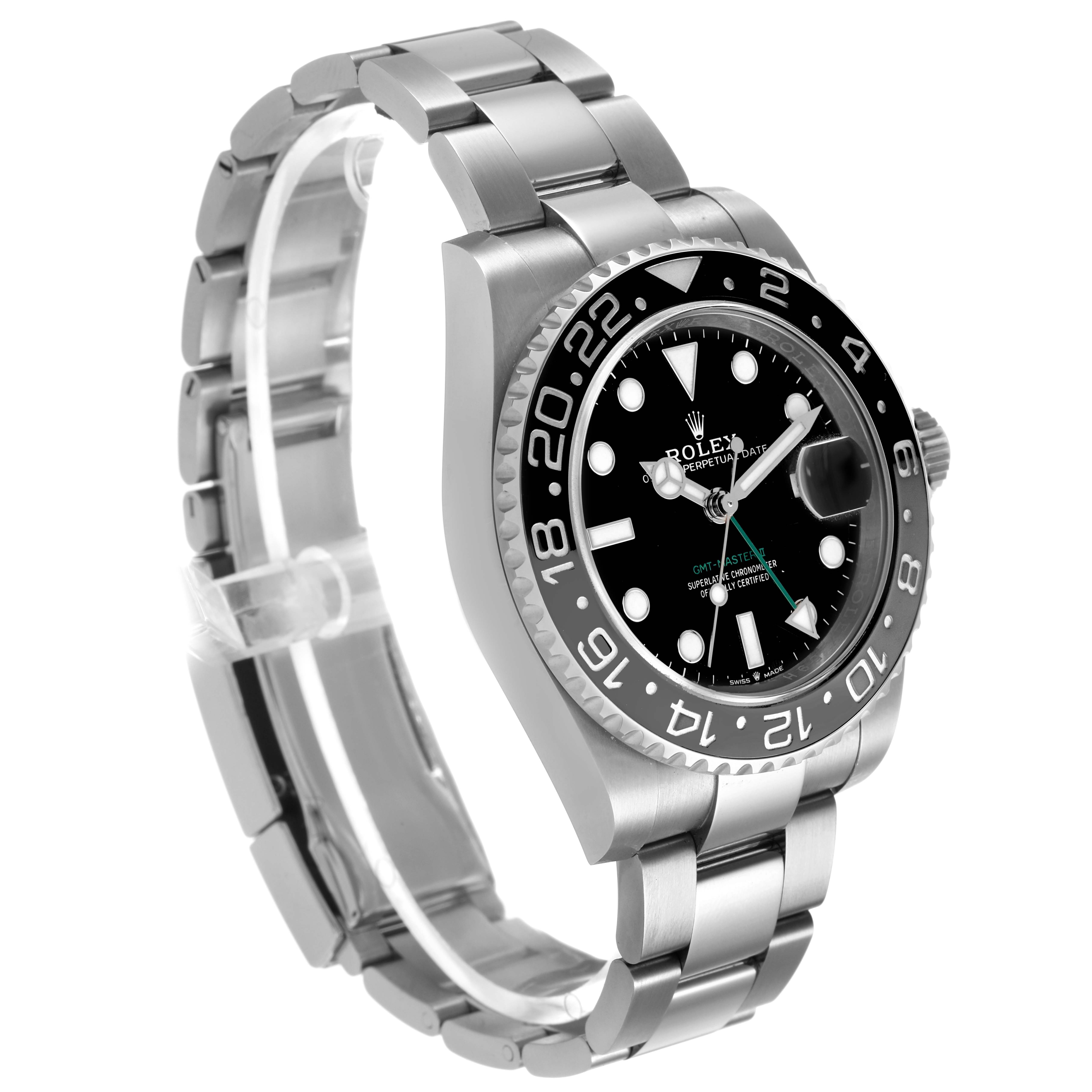 The Rolex GMT-Master 126710GRNR Men's Stainless Steel Black Dial watch is shown at a three-quarter angle, highlighting the bezel, dial, and stainless steel bracelet.