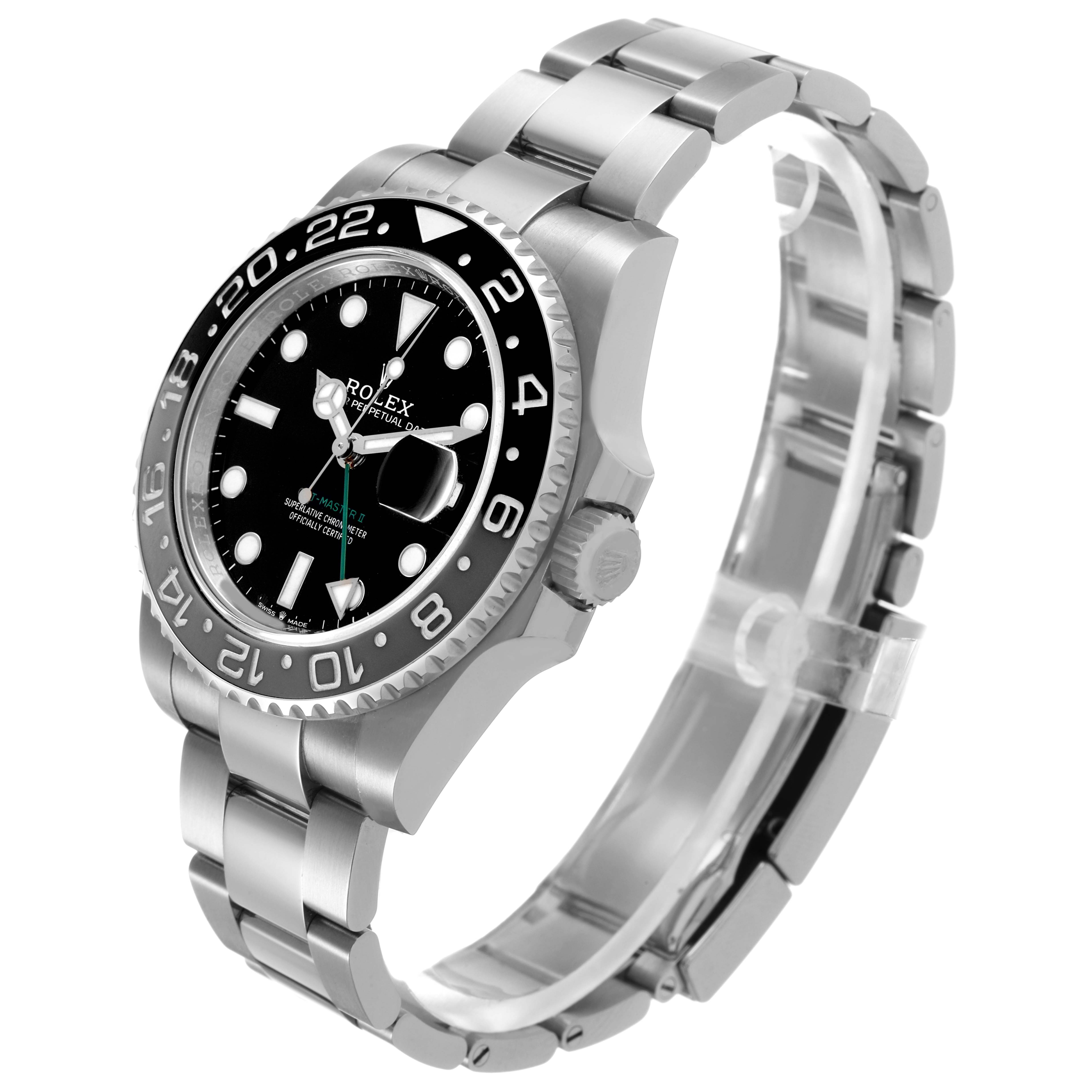 The Rolex GMT-Master 126710GRNR Men's Stainless Steel Black Dial watch is shown from a three-quarter angle, highlighting its bezel, dial, and stainless steel bracelet.