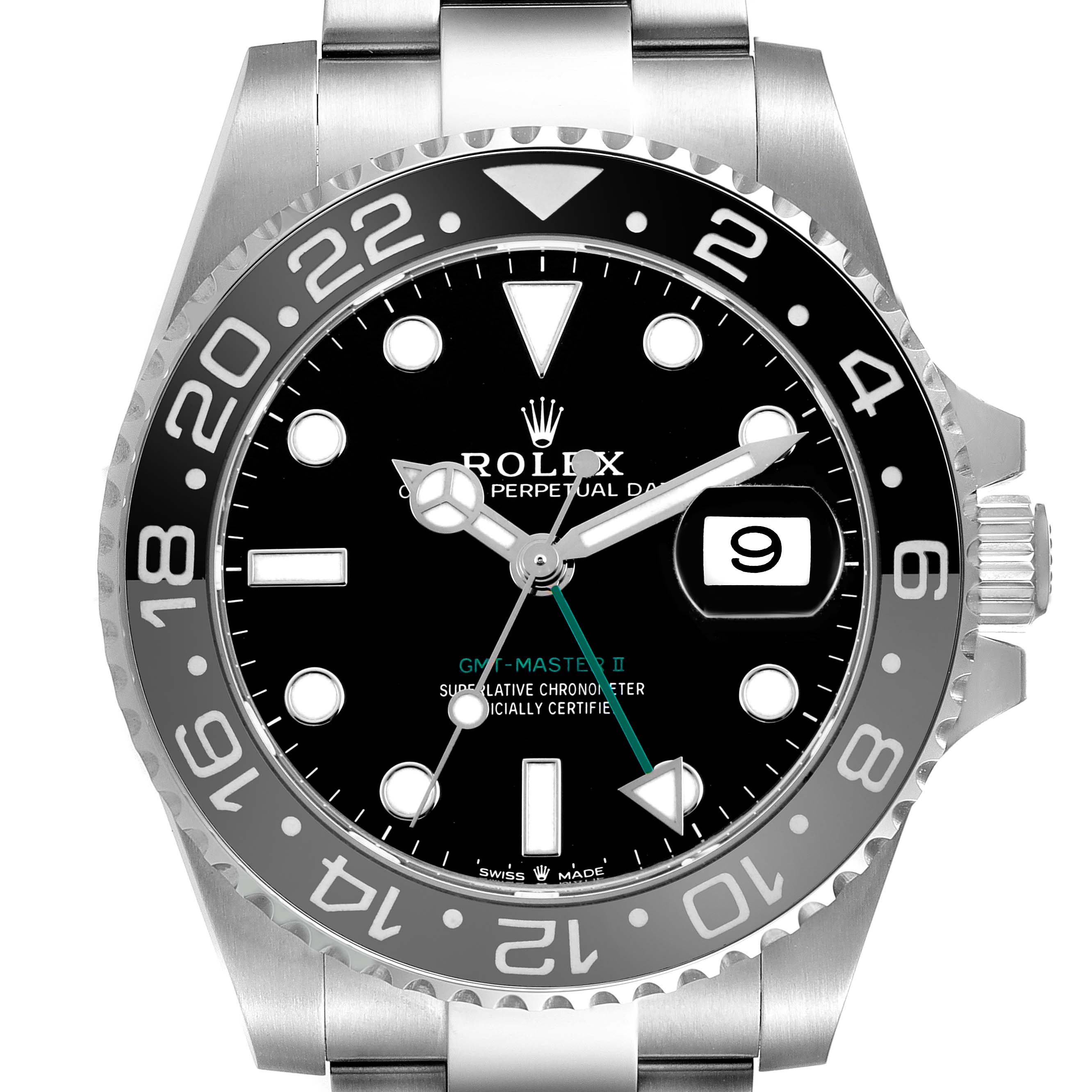 The Rolex GMT-Master 126710GRNR Men's Stainless Steel Black Dial model is shown from a front angle, highlighting the dial, bezel, and bracelet.