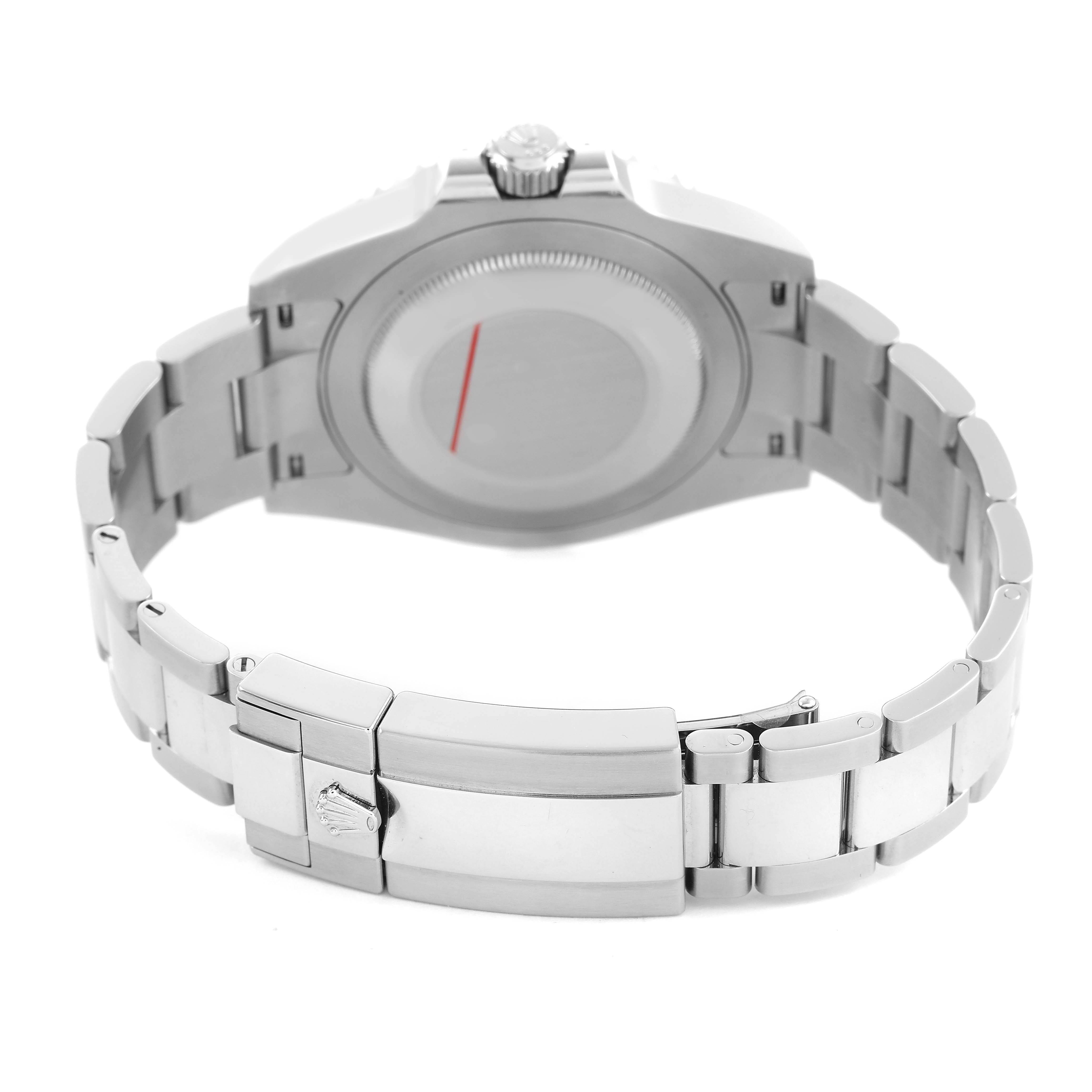 The image shows the back of the Rolex GMT-Master 126710GRNR Men's Stainless Steel Black Dial watch, highlighting the bracelet and clasp from a rear angle.