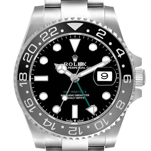 The Rolex GMT-Master 126710GRNR Men's Stainless Steel Black Dial watch is shown from a front angle, displaying the dial, bezel, and part of the bracelet.