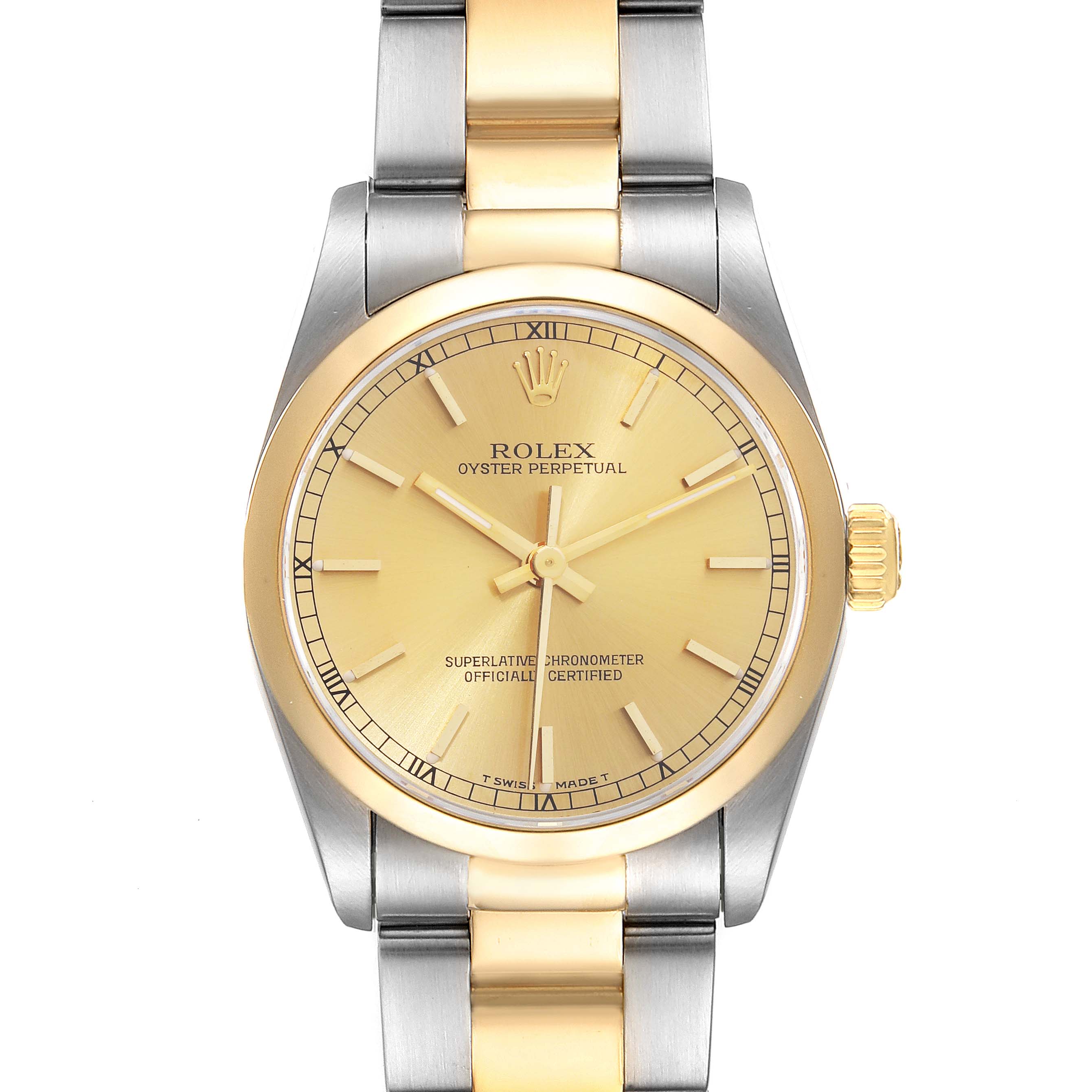 The Rolex Mid-Size 67483 Women's Steel and Gold (two tone) Champagne Dial 67483 Women's Steel and Gold (two tone) Champagne Dial Oyster Perpetual watch is shown from a front angle, highlighting the dial, bezel, and bracelet.