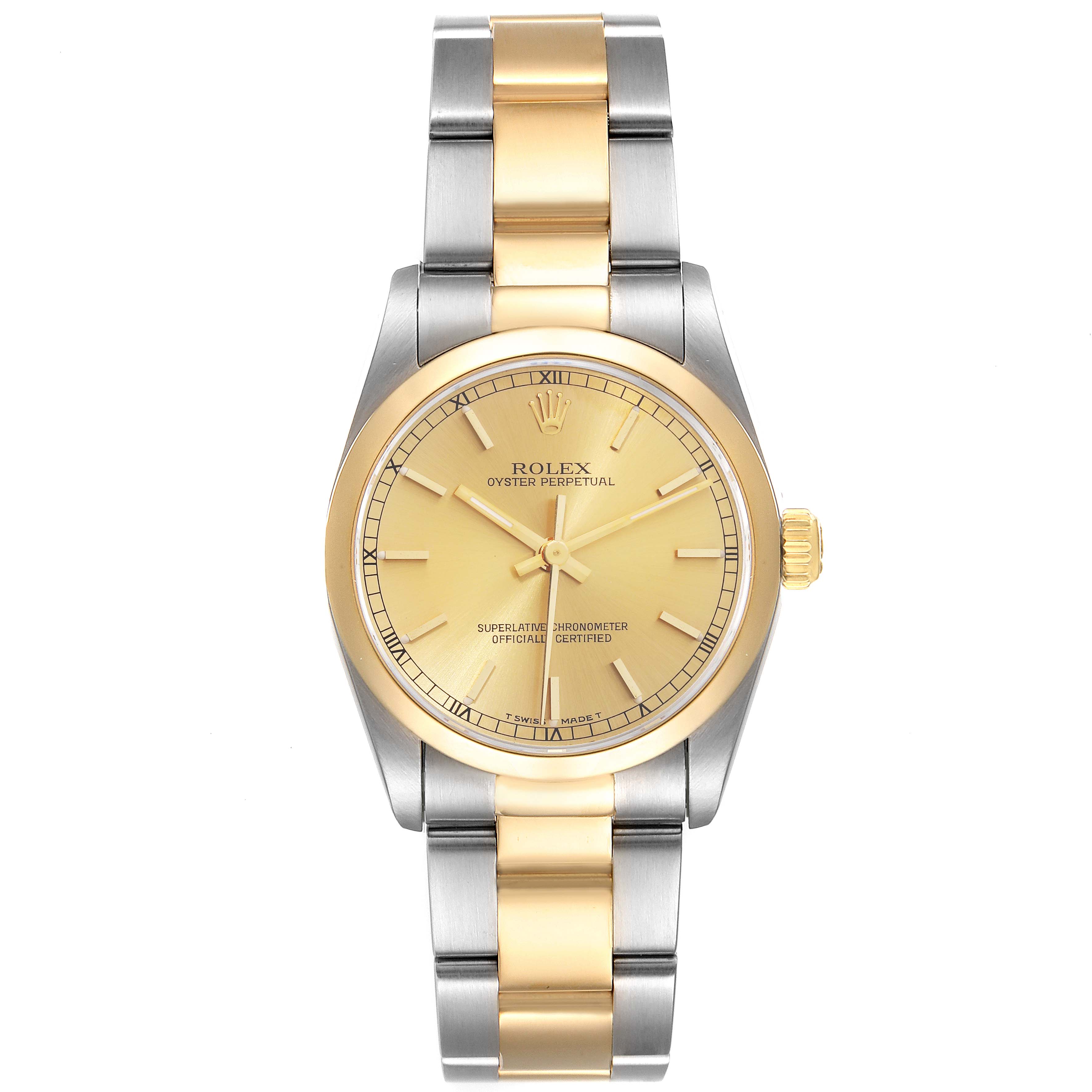 This image shows a front view of the Rolex Mid-Size 67483 Women's Steel and Gold (two tone) Champagne Dial 67483 Women's Steel and Gold (two tone) Champagne Dial Oyster Perpetual watch with a two-tone gold and silver bracelet.
