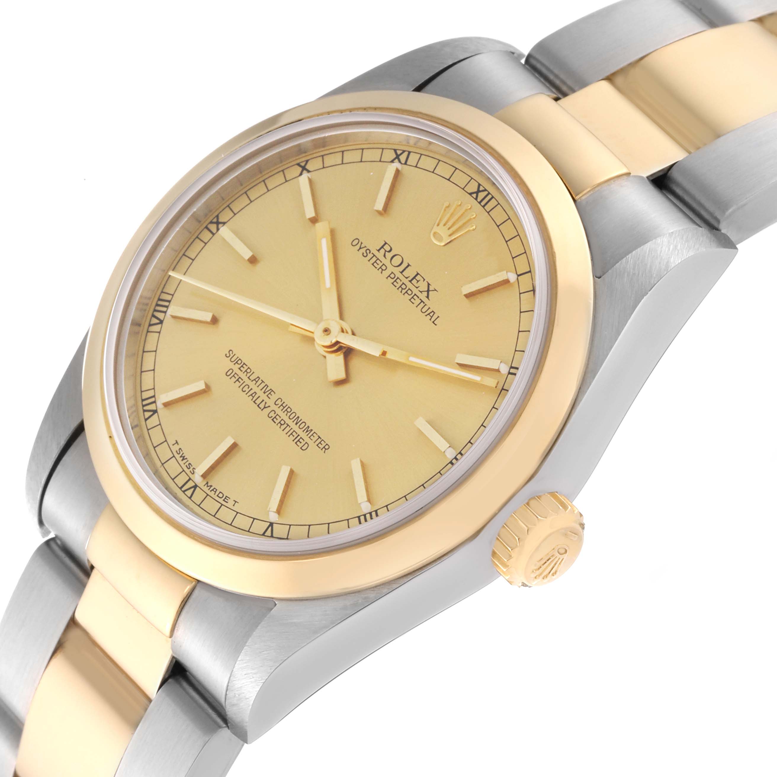 The image shows a close-up angled view of the Rolex Mid-Size 67483 Women's Steel and Gold (two tone) Champagne Dial 67483 Women's Steel and Gold (two tone) Champagne Dial model, displaying the face, bezel, crown, and part of the bracelet.