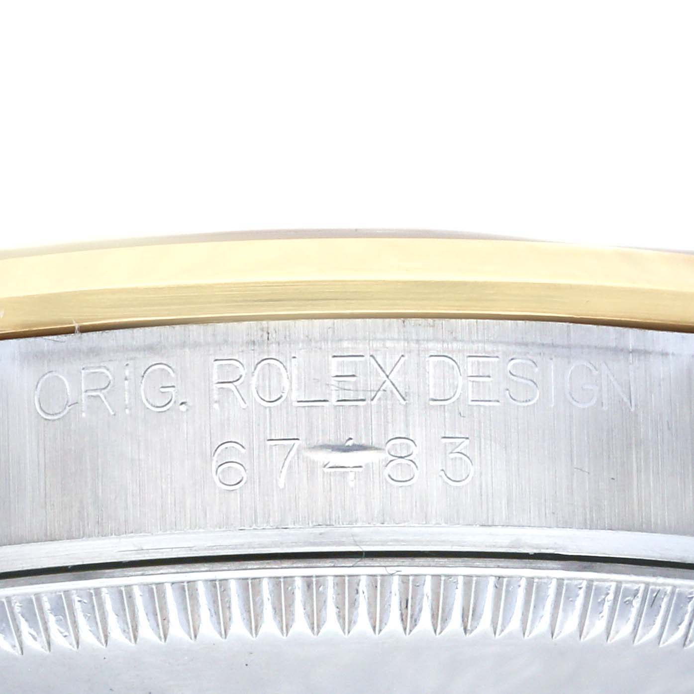 This image shows a close-up of the case side and bezel of a Mid-Size Rolex watch, including the "ORIG. ROLEX DESIGN" engraving and model number.