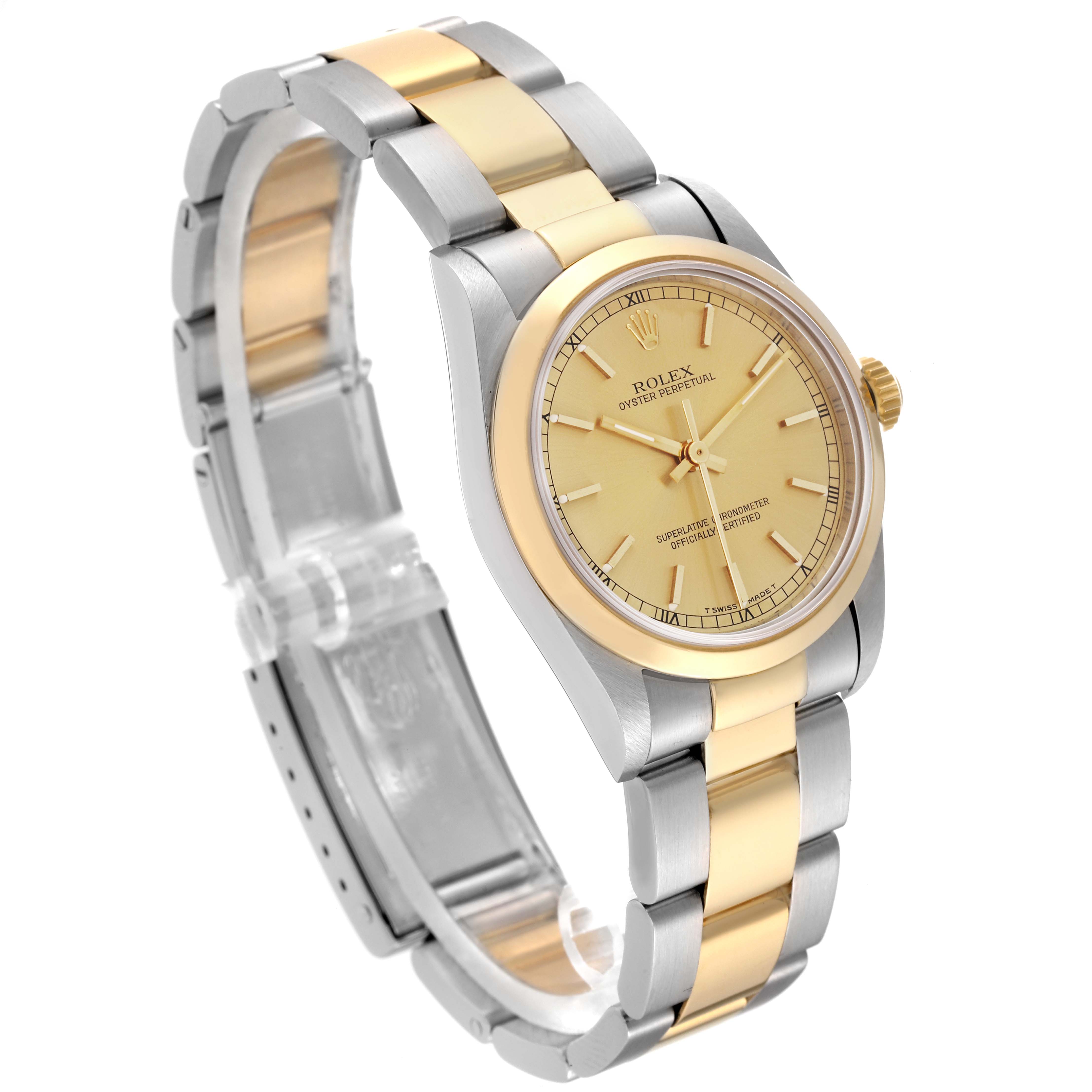 This Rolex Mid-Size 67483 Women's Steel and Gold (two tone) Champagne Dial 67483 Women's Steel and Gold (two tone) Champagne Dial model watch is shown at an angle highlighting the bracelet, dial, and case details.