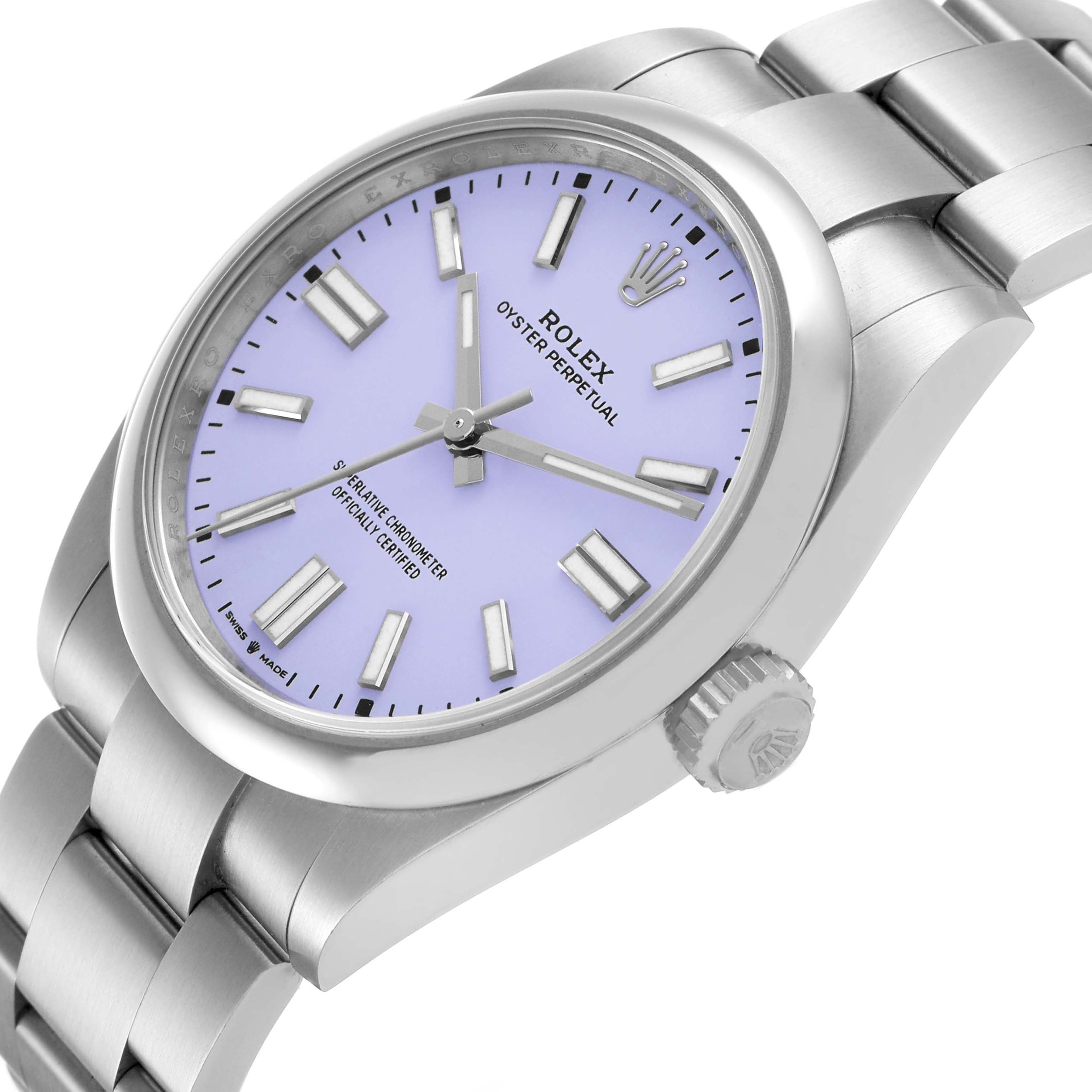 The Rolex Oyster Perpetual 134300 Men's Stainless Steel Purple Dial watch is shown at a three-quarter angle, highlighting the dial, bezel, crown, and bracelet.