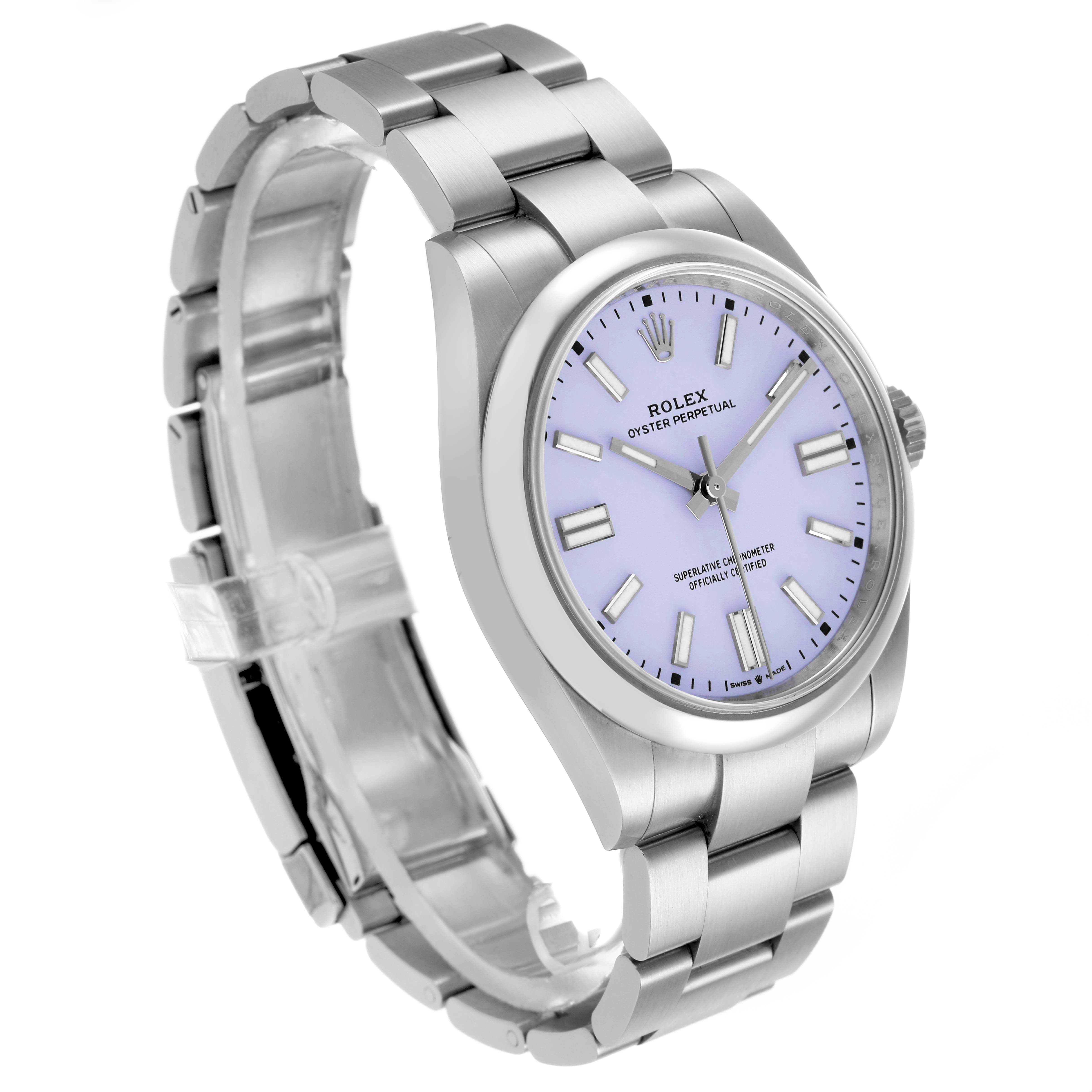 The Rolex Oyster Perpetual 134300 Men's Stainless Steel Purple Dial watch is shown at an angled front view, highlighting the face, bezel, crown, and bracelet.