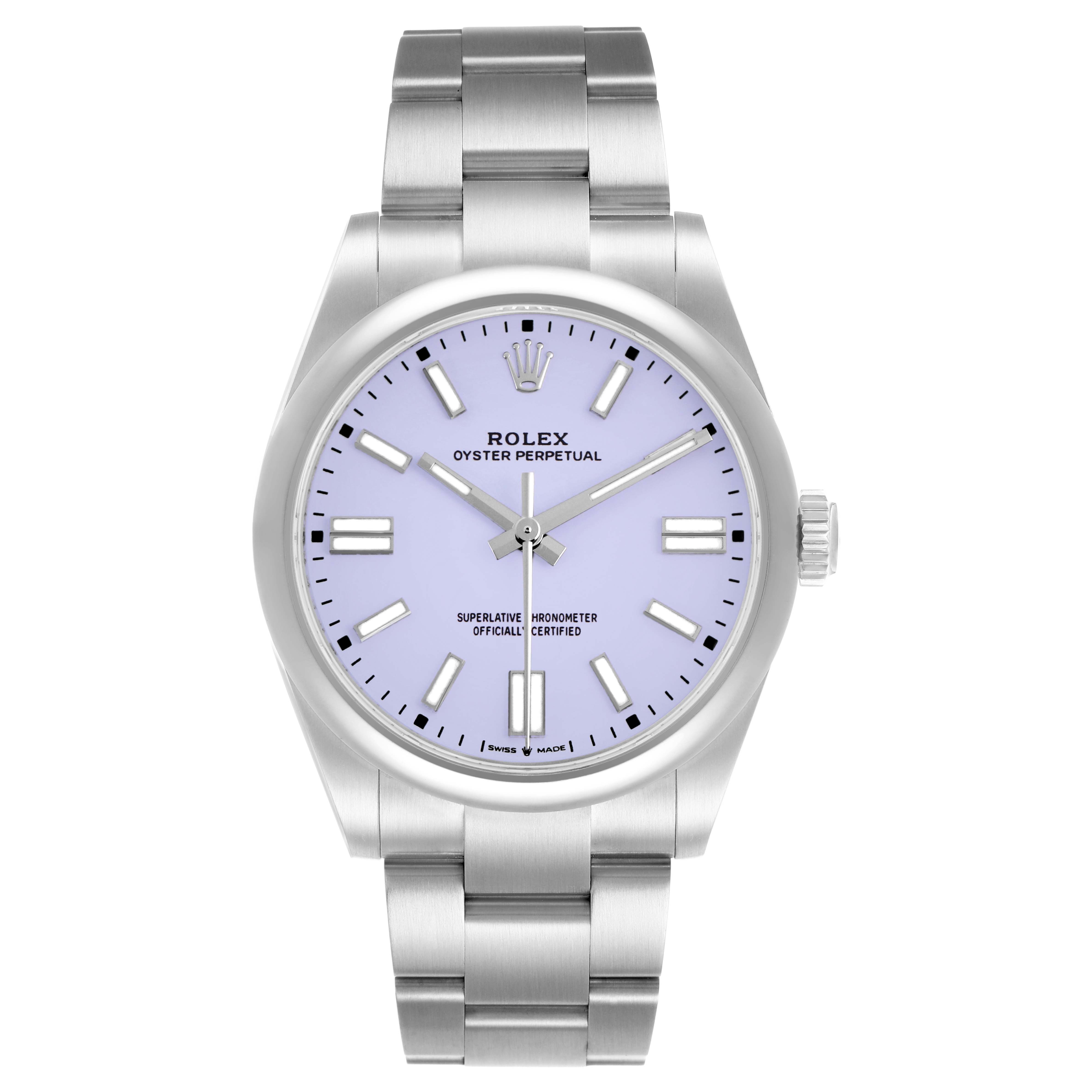 The Rolex Oyster Perpetual 134300 Men's Stainless Steel Purple Dial watch is shown from the front, highlighting its dial, bezel, and bracelet in a vertical orientation.