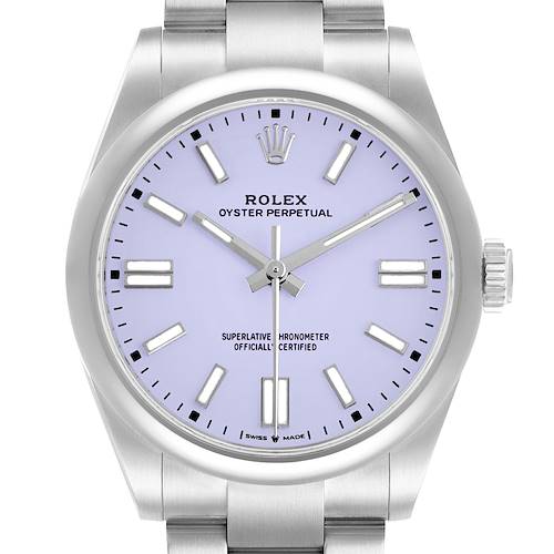 The Rolex Oyster Perpetual 134300 Men's Stainless Steel Purple Dial watch is shown from the front, highlighting the dial, hands, markers, and crown.