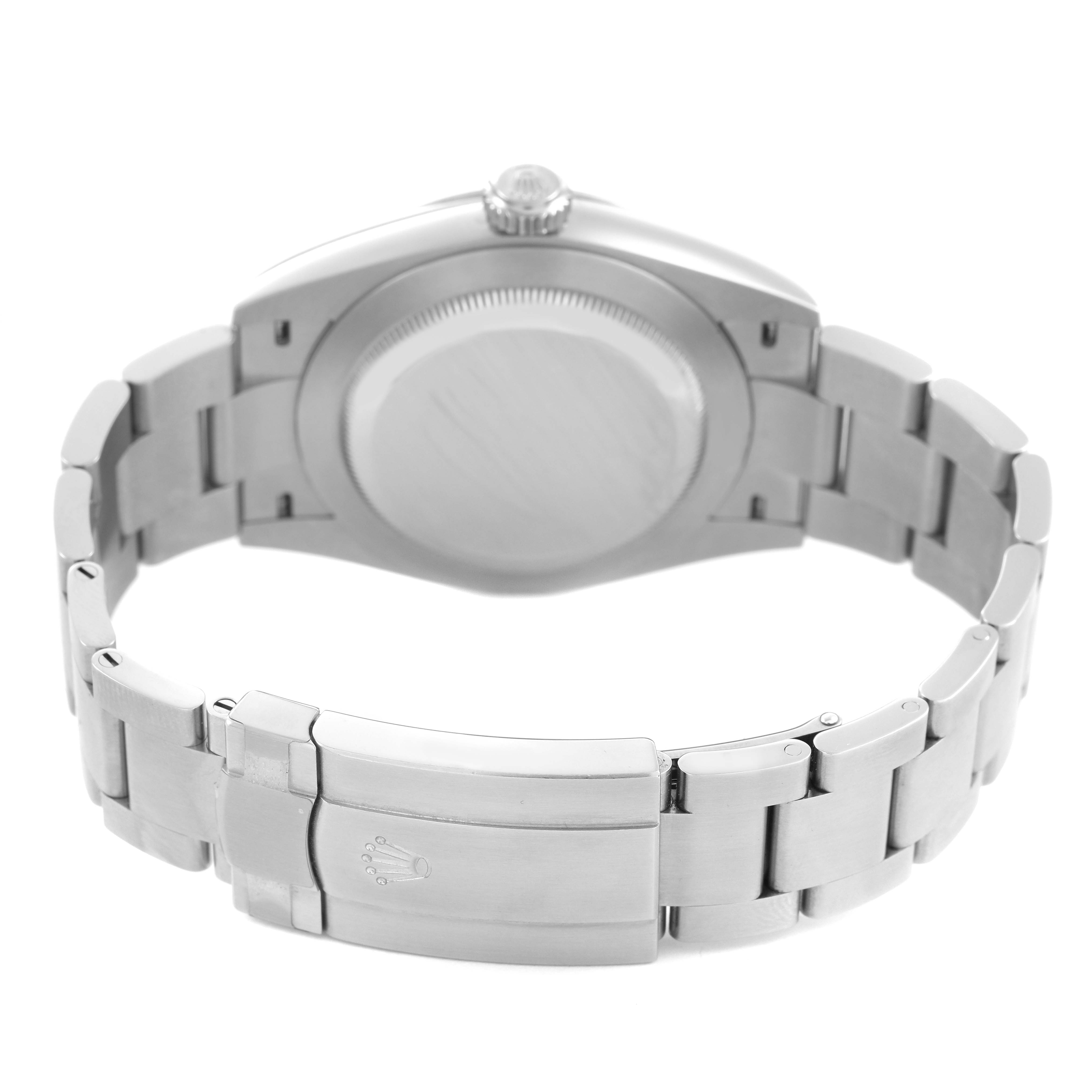 The image shows the back of the Rolex Oyster Perpetual 134300 Men's Stainless Steel Purple Dial, highlighting the clasp and bracelet with the case back visible.