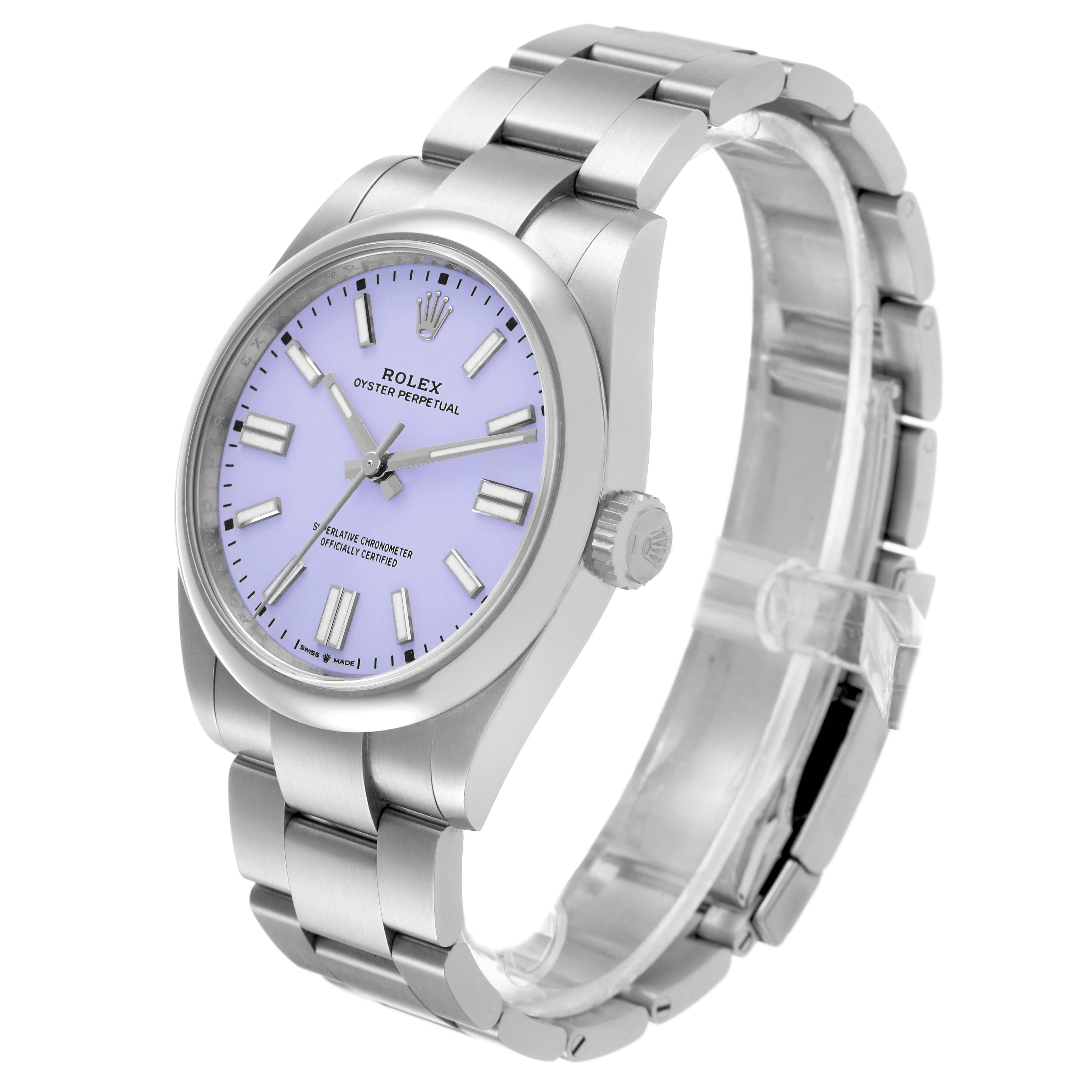 The Rolex Oyster Perpetual 134300 Men's Stainless Steel Purple Dial watch is shown at a slight angle, displaying the face, side, and bracelet.