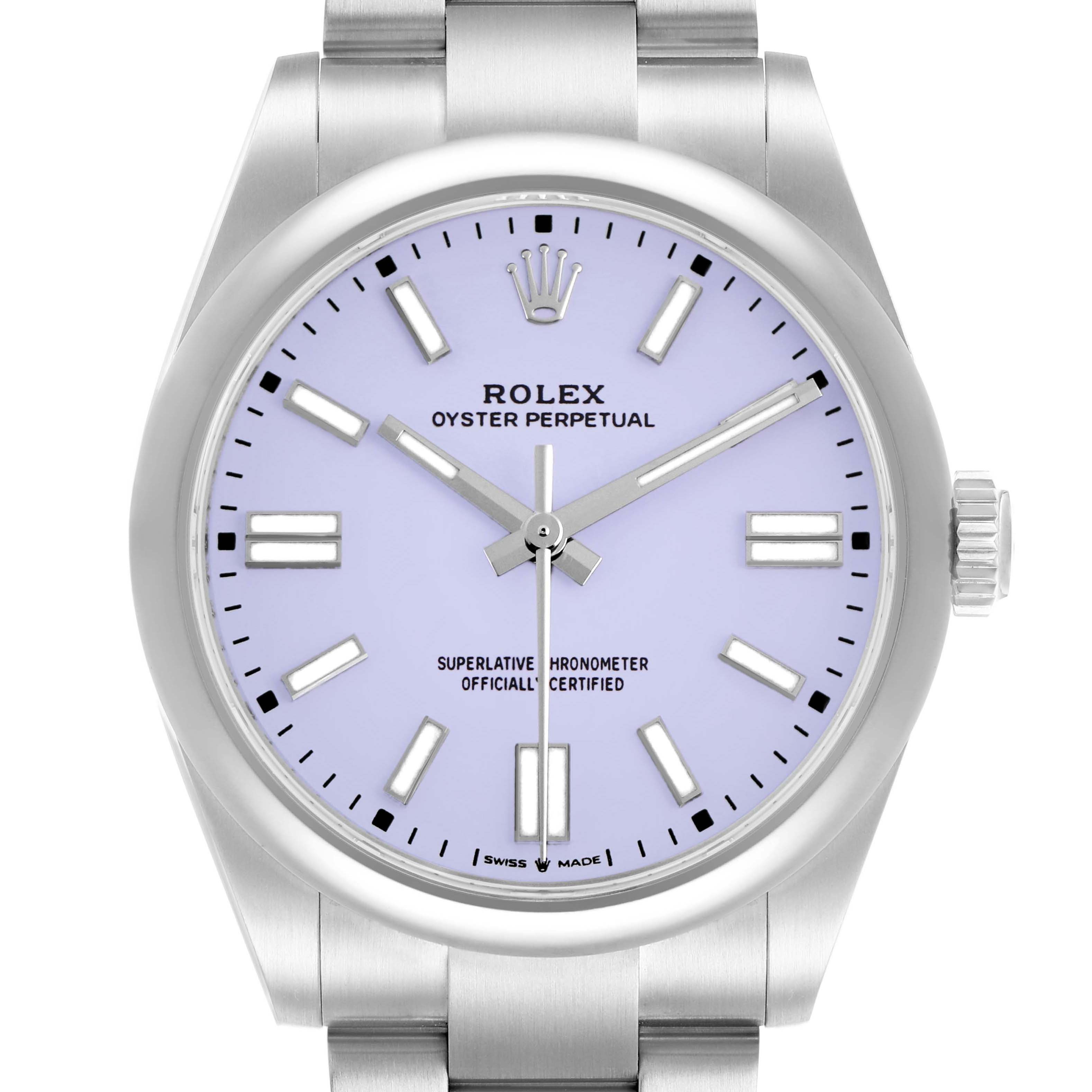 The image shows a front view of a Rolex Oyster Perpetual 134300 Men's Stainless Steel Purple Dial watch, highlighting its dial, crown, and bracelet.