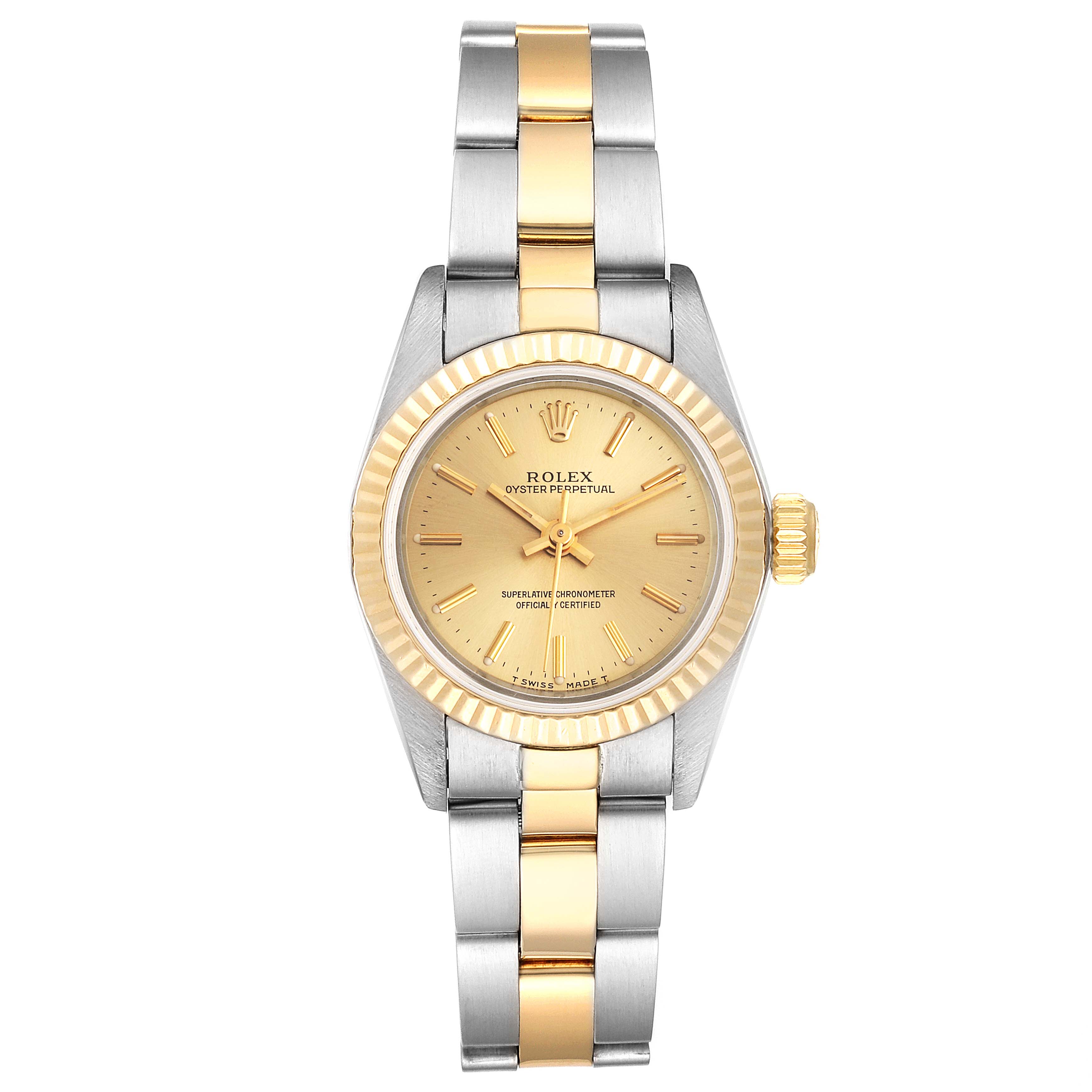 The image shows a frontal view of the Rolex Oyster Perpetual 67193 Women
s Steel and Gold (two tone) Champagne Dial 67193 Women
s Steel and Gold (two tone) Champagne Dial watch, featuring a gold dial, gold bezel, and two-tone metal bracelet.