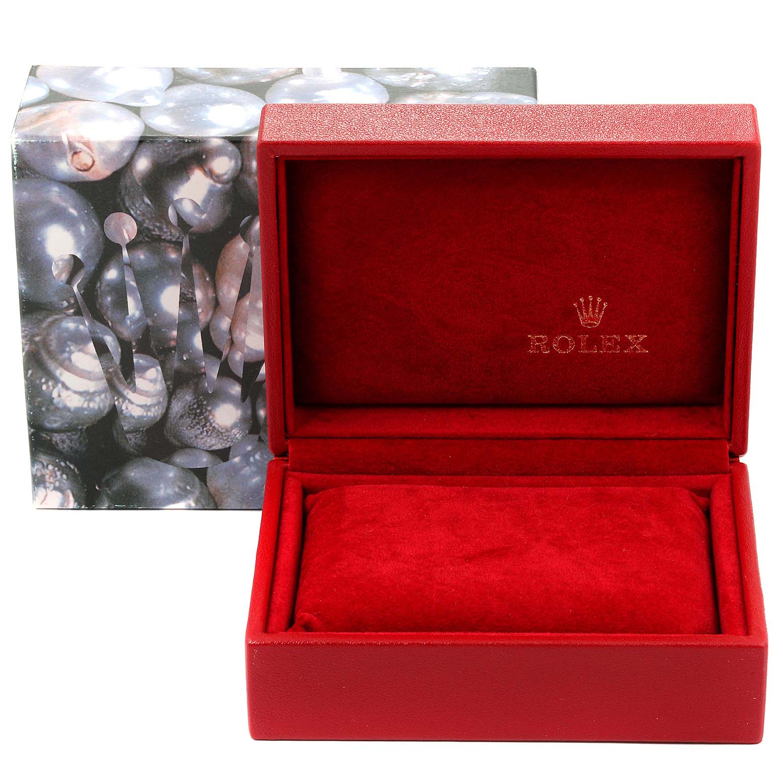 The image shows a Rolex Oyster Perpetual 67193 Women
s Steel and Gold (two tone) Champagne Dial 67193 Women
s Steel and Gold (two tone) Champagne Dial model watch box with a red velvet interior and a decorative outer box.