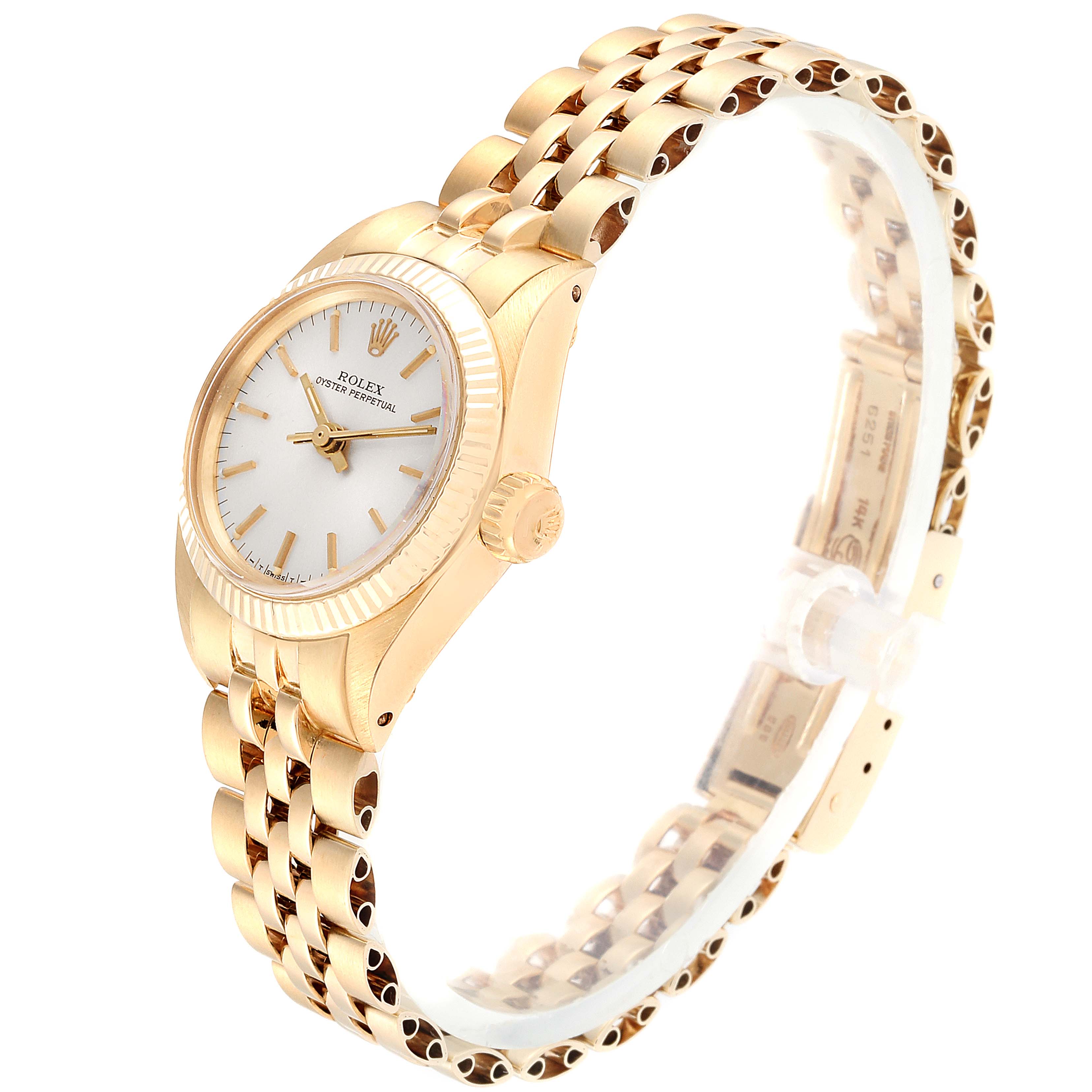 The image shows a side angle view of a Rolex Oyster Perpetual 6719 Women's Yellow Gold Silver Dial 6719 Women's Yellow Gold Silver Dial watch, highlighting the face, bezel, crown, and bracelet.