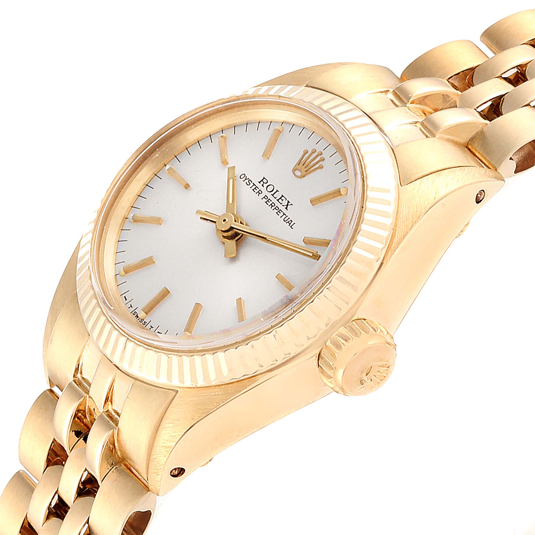 The Rolex Oyster Perpetual 6719 Women's Yellow Gold Silver Dial 6719 Women's Yellow Gold Silver Dial watch is shown at an oblique angle, highlighting the face, bezel, case, crown, and part of the bracelet.