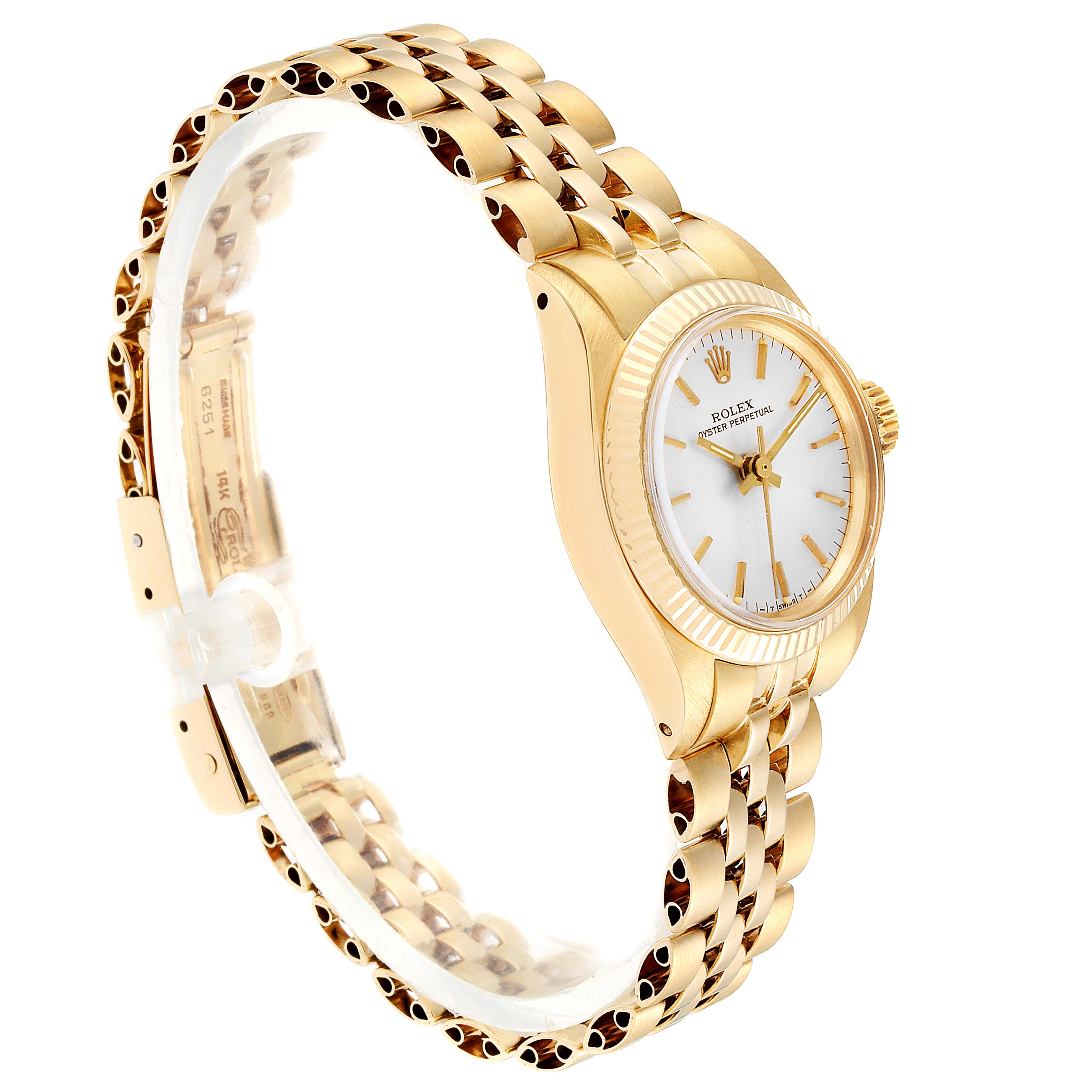 This image shows a Rolex Oyster Perpetual 6719 Women's Yellow Gold Silver Dial 6719 Women's Yellow Gold Silver Dial watch at a slight side angle, highlighting its gold bracelet and face.