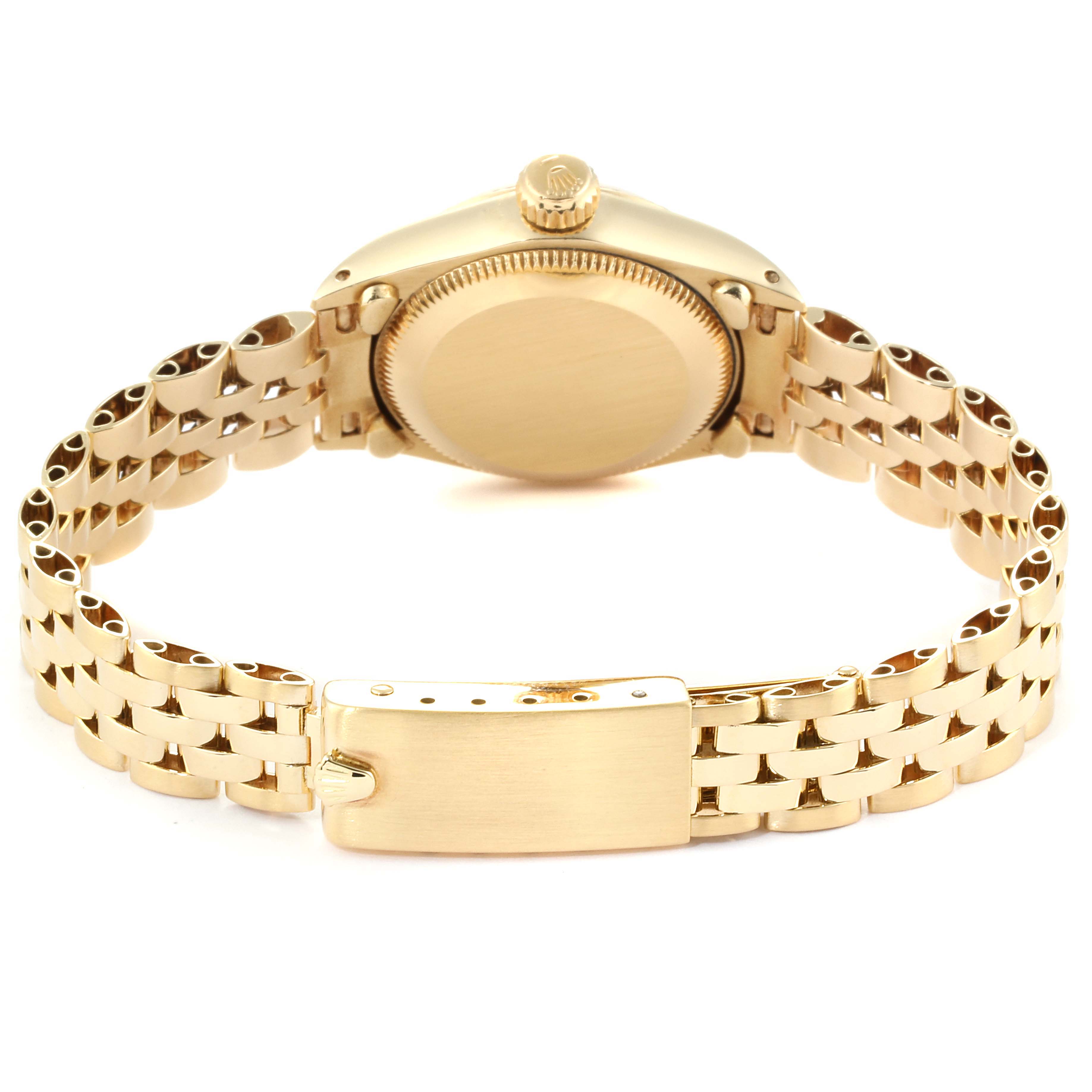 This image shows the back view of a Rolex Oyster Perpetual 6719 Women's Yellow Gold Silver Dial 6719 Women's Yellow Gold Silver Dial watch, including its case back and gold bracelet with clasp.
